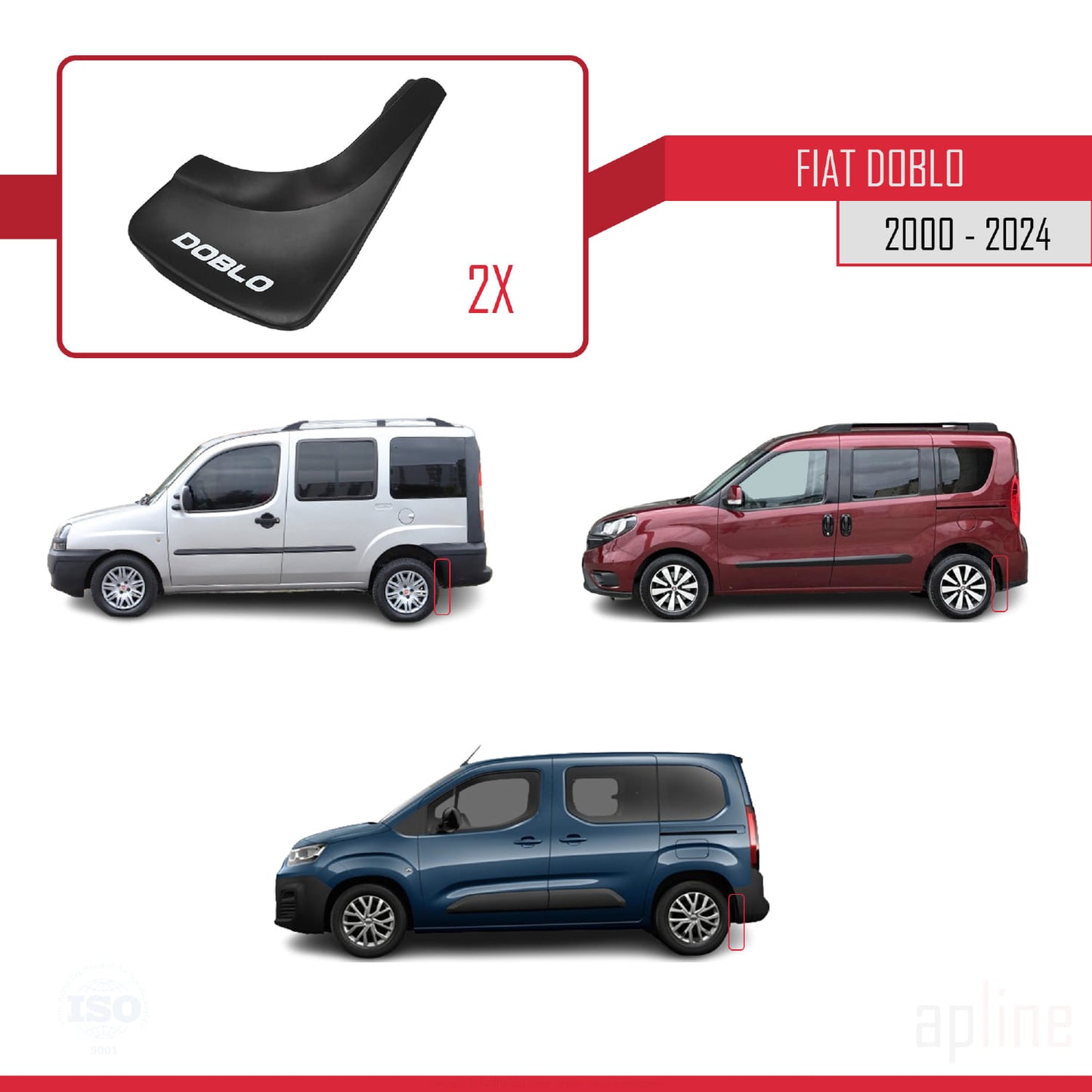 Passend für Fiat Doblo (2000–2024), Satz mit 4 Schmutzfängern für vorne und hinten, schwarz