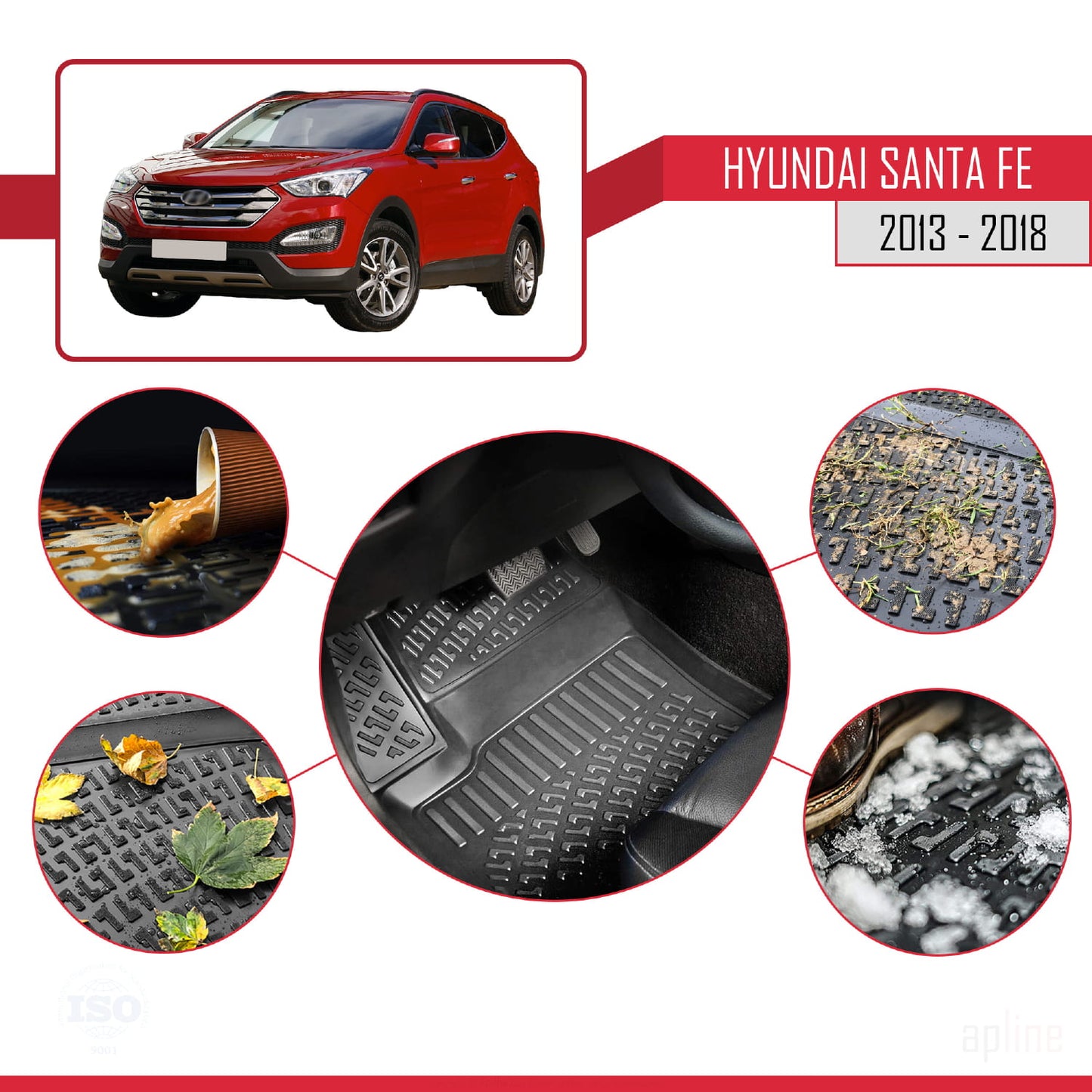 Compatible avec Hyundai Santa Fe 3 (DM) 2013-2018 4D Tapis de Voiture Noir