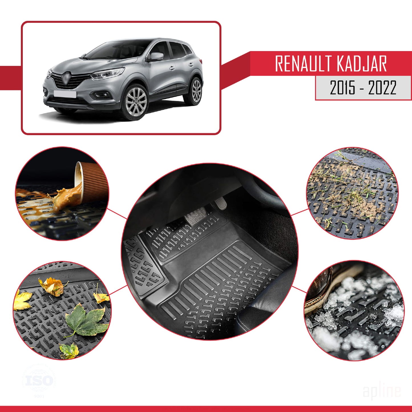 Compatible avec Renault Kadjar 2015-2022 4D Tapis de Voiture Noir