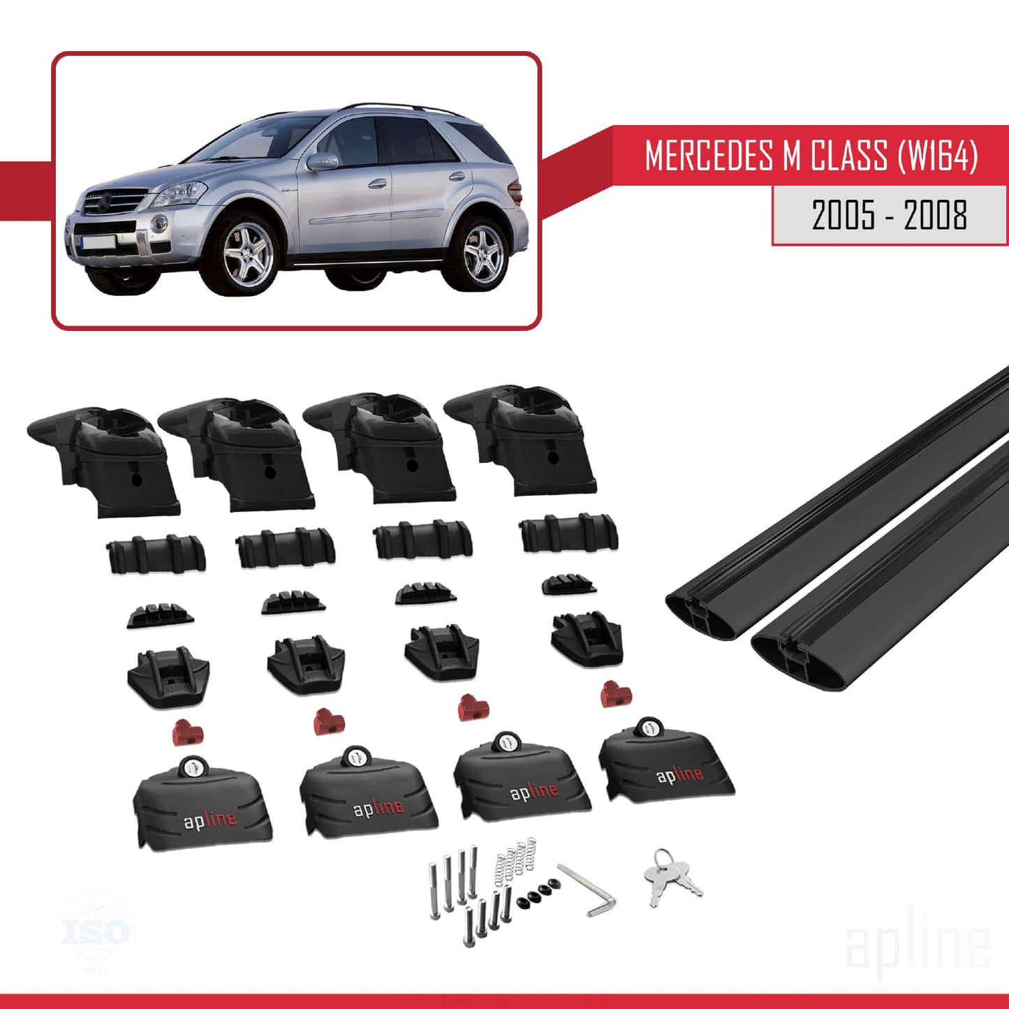 Compatible avec Mercedes Classe M 2 (W164) Pre-Facelift 2005-2008 ACE-2 Barres de Toit Railing Porte-Bagages de Voiture Noir Aluminium 2 Barres