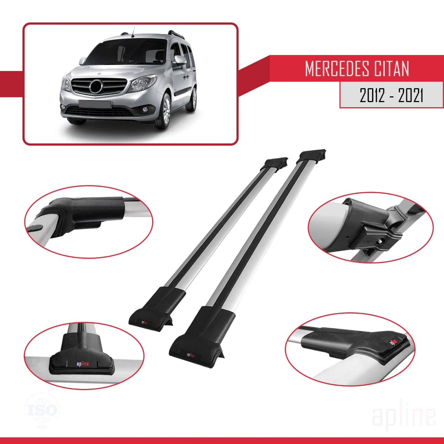 Compatible with Mercedes Citan (W415) 2012-2021 FLY Model Car Roof Rack Cross Bar Grey Aluminium 2 Bars