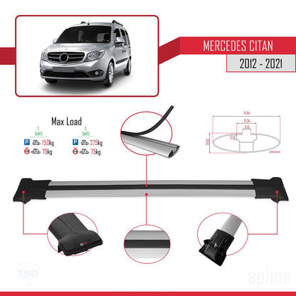 Compatible with Mercedes Citan (W415) 2012-2021 FLY Model Car Roof Rack Cross Bar Grey Aluminium 2 Bars