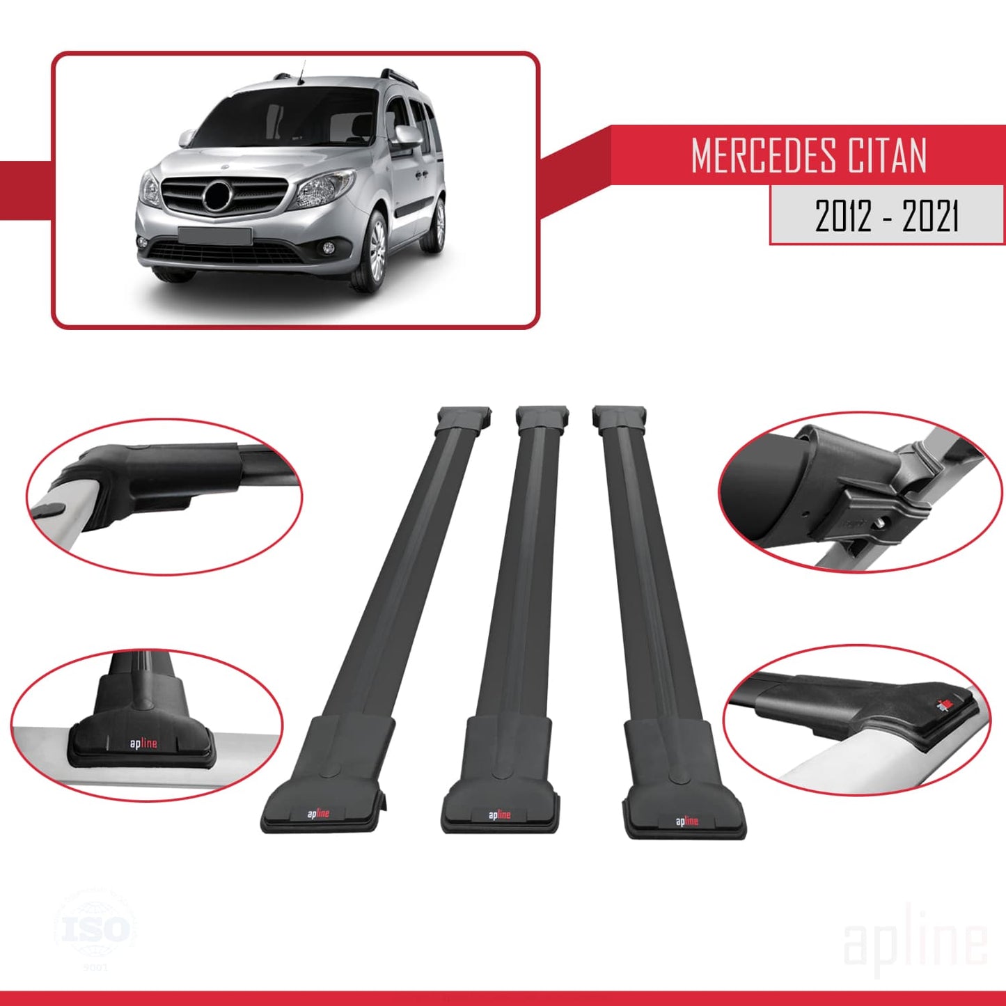 Compatible avec Mercedes Citan (W415) 2012-2021 FLY Model Barres de Toit Railing Porte-Bagages de Voiture Noir Aluminium 3 Barres