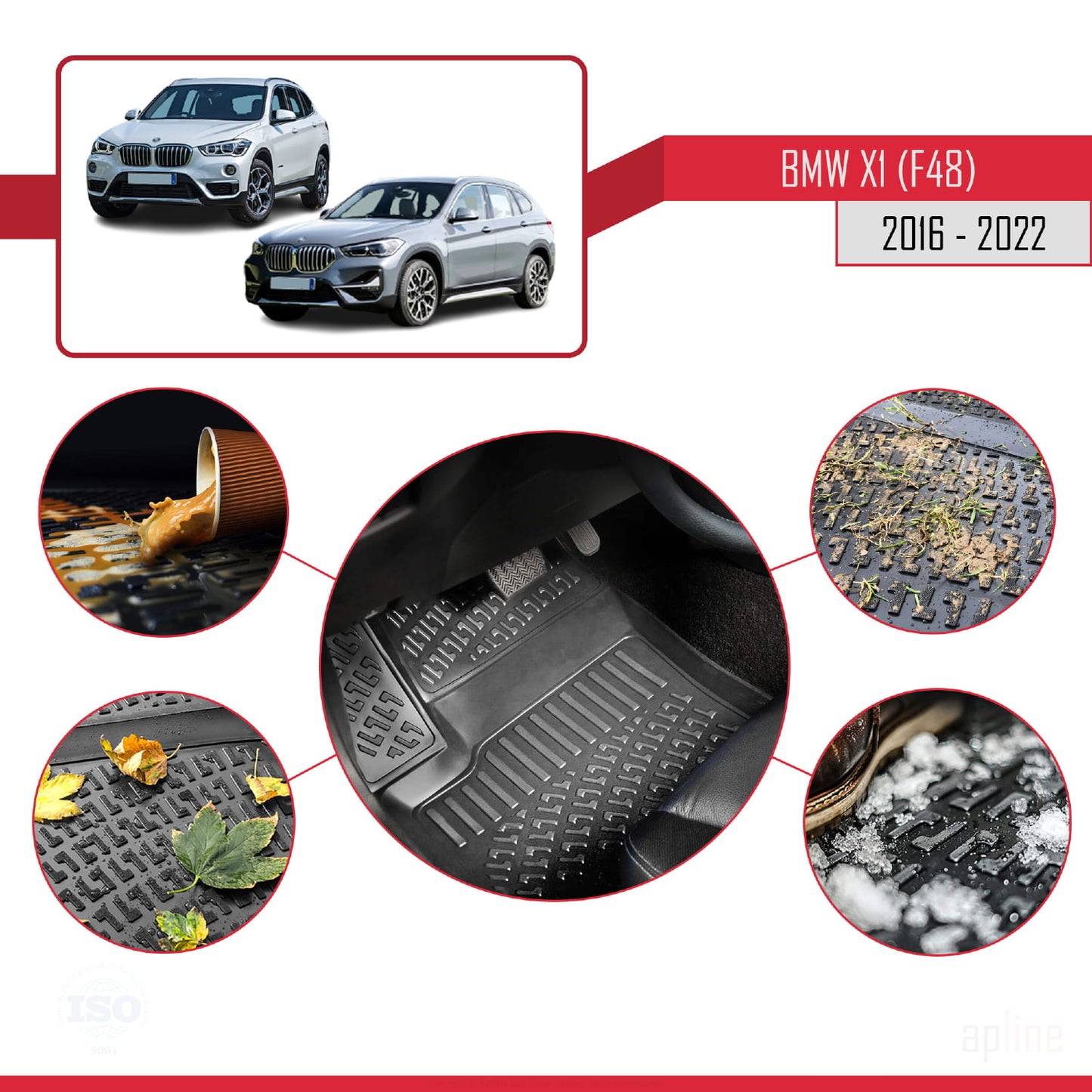 Compatibile con tappetini auto BMW X1 (F48) 2016-2022 4D neri