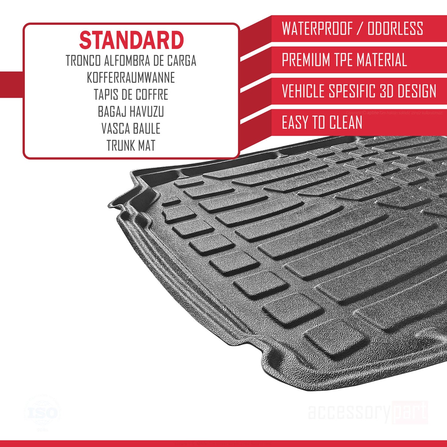 Compatible con Volkswagen Polo 6 (Tline-Cline-Hline) 2010-2017 Flexible Tronco Alfombra De Carga Piso de Carga Inferior Bandeja Maletero Trasero Negro
