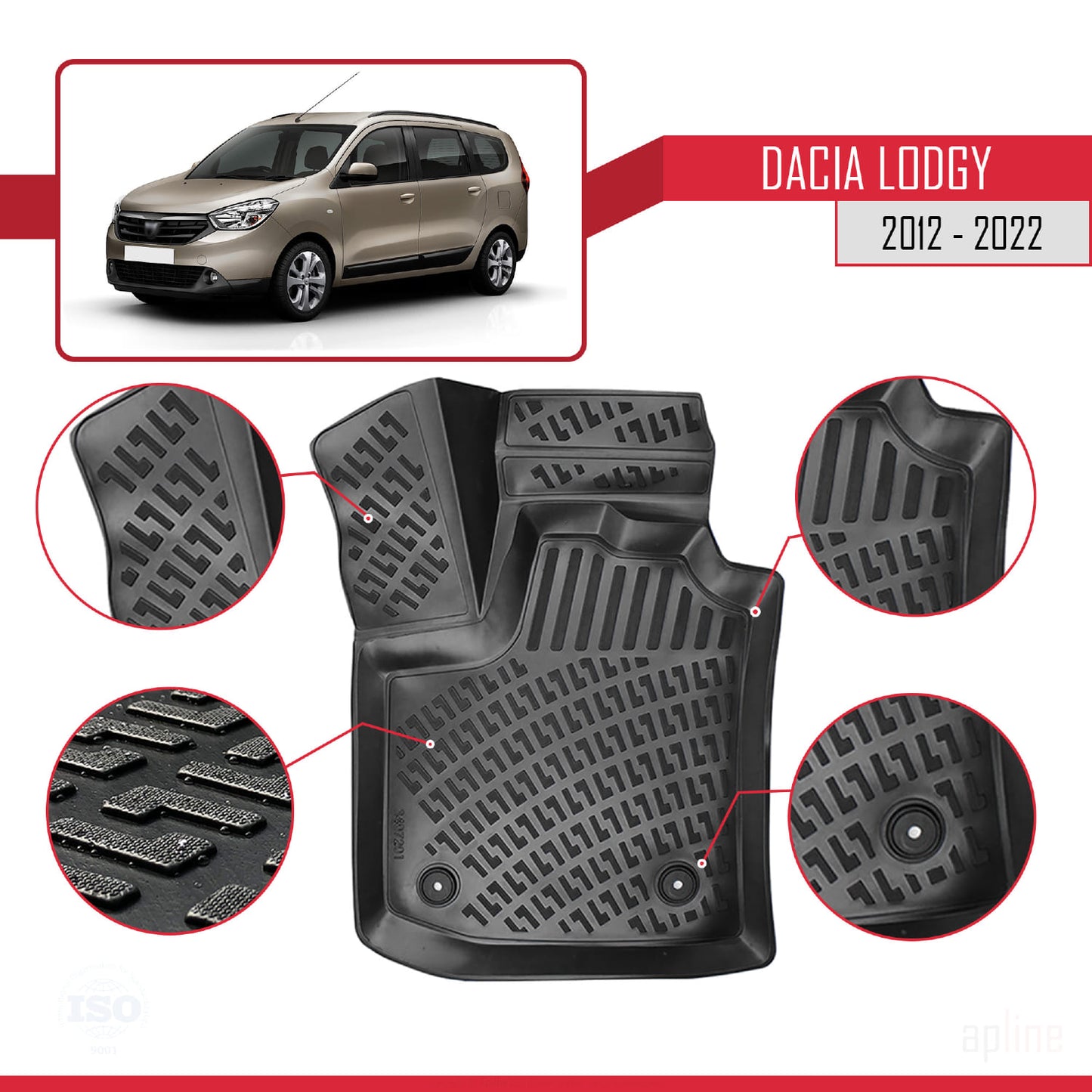 Compatibile con Dacia Lodgy (J92) 2012-2022-2024 Tappetini auto neri 4D