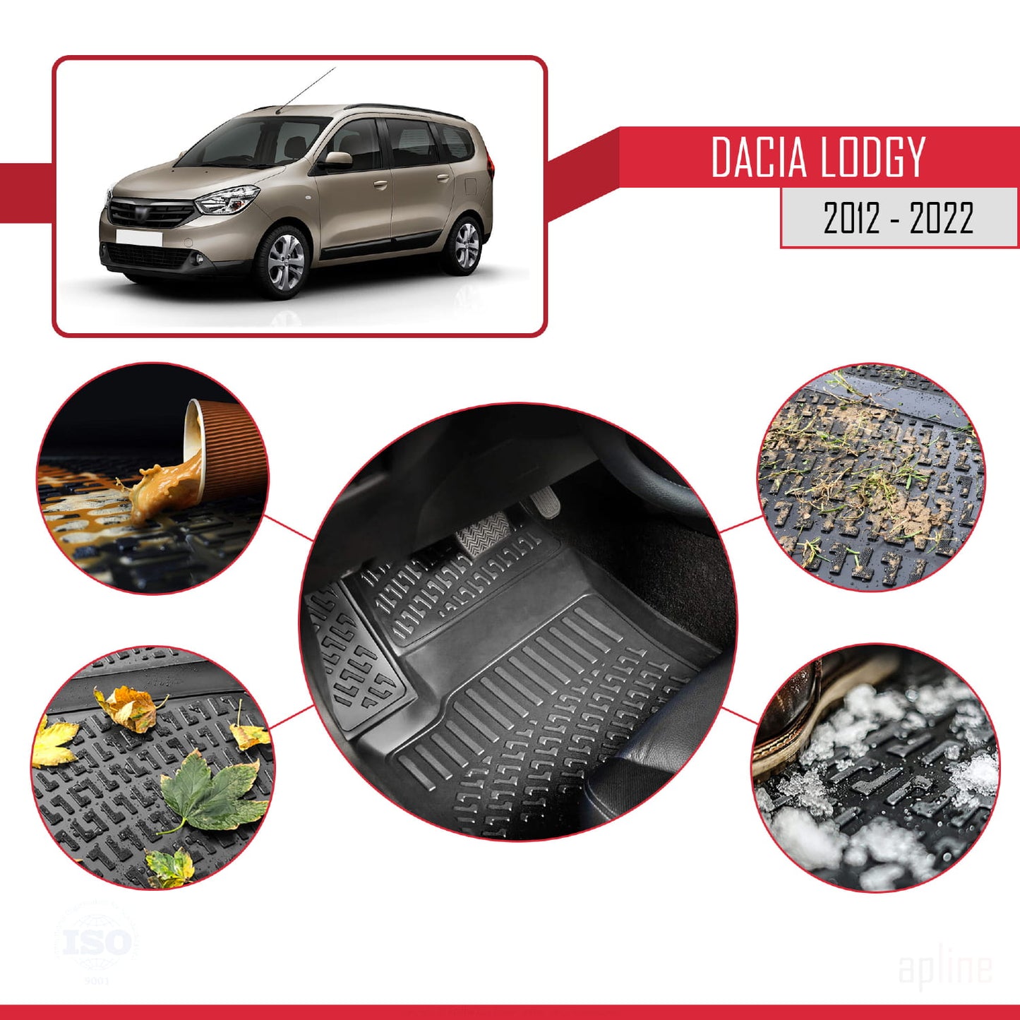 Compatibile con Dacia Lodgy (J92) 2012-2022-2024 Tappetini auto neri 4D