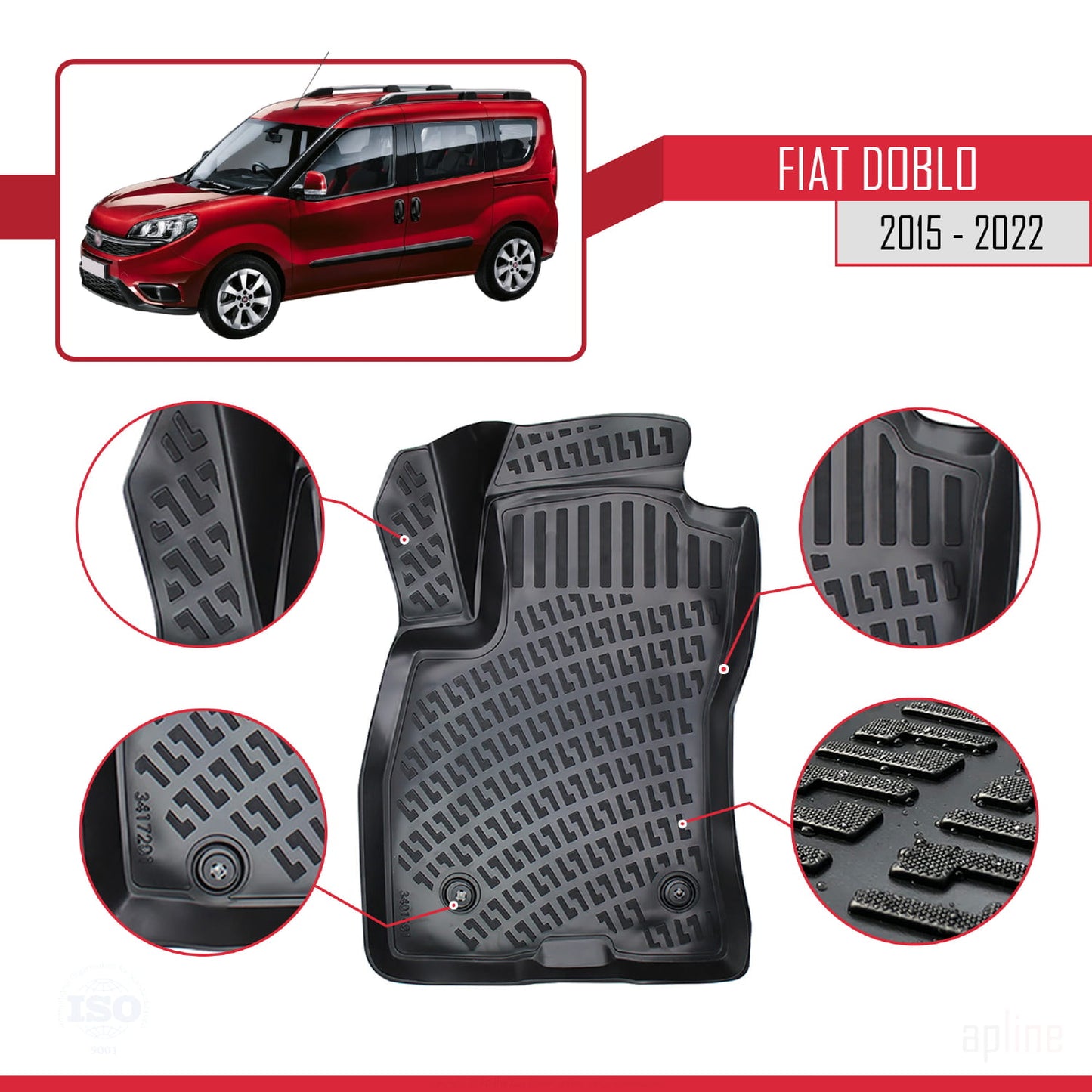 Compatible avec Fiat Doblo 2 2015-2022 4D Tapis de Voiture Noir