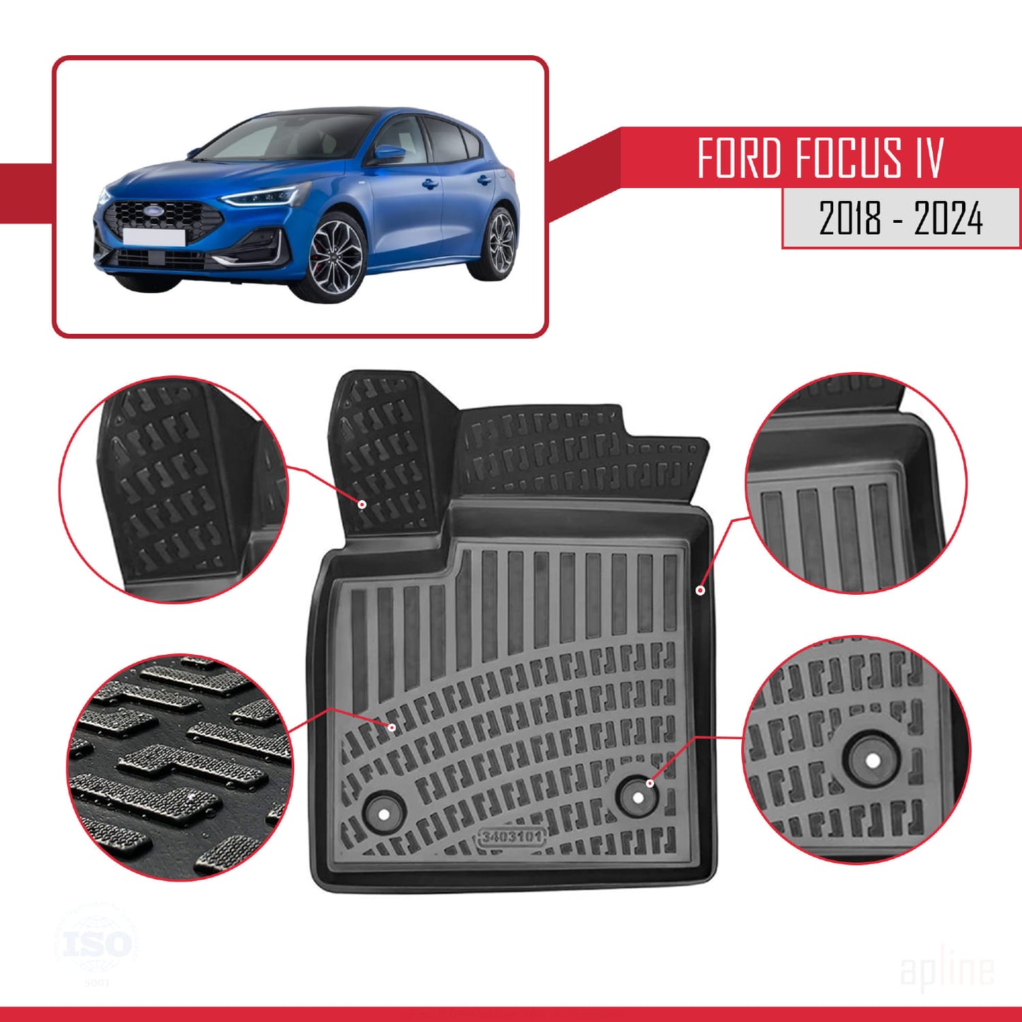 Compatible avec Ford Focus 4 (C519) 2018-2025 4D Tapis de Voiture Noir
