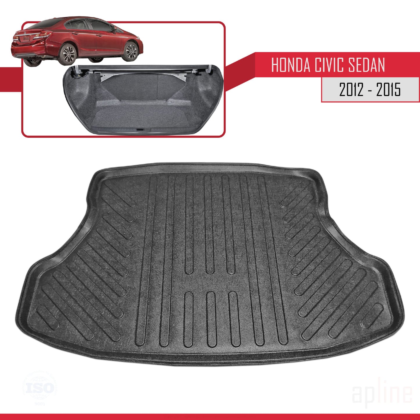 Compatible con Honda Civic 9 (FB) Berlina 2012-2015 Flexible Tronco Alfombra De Carga Piso de Carga Bandeja Maletero Trasero Negro
