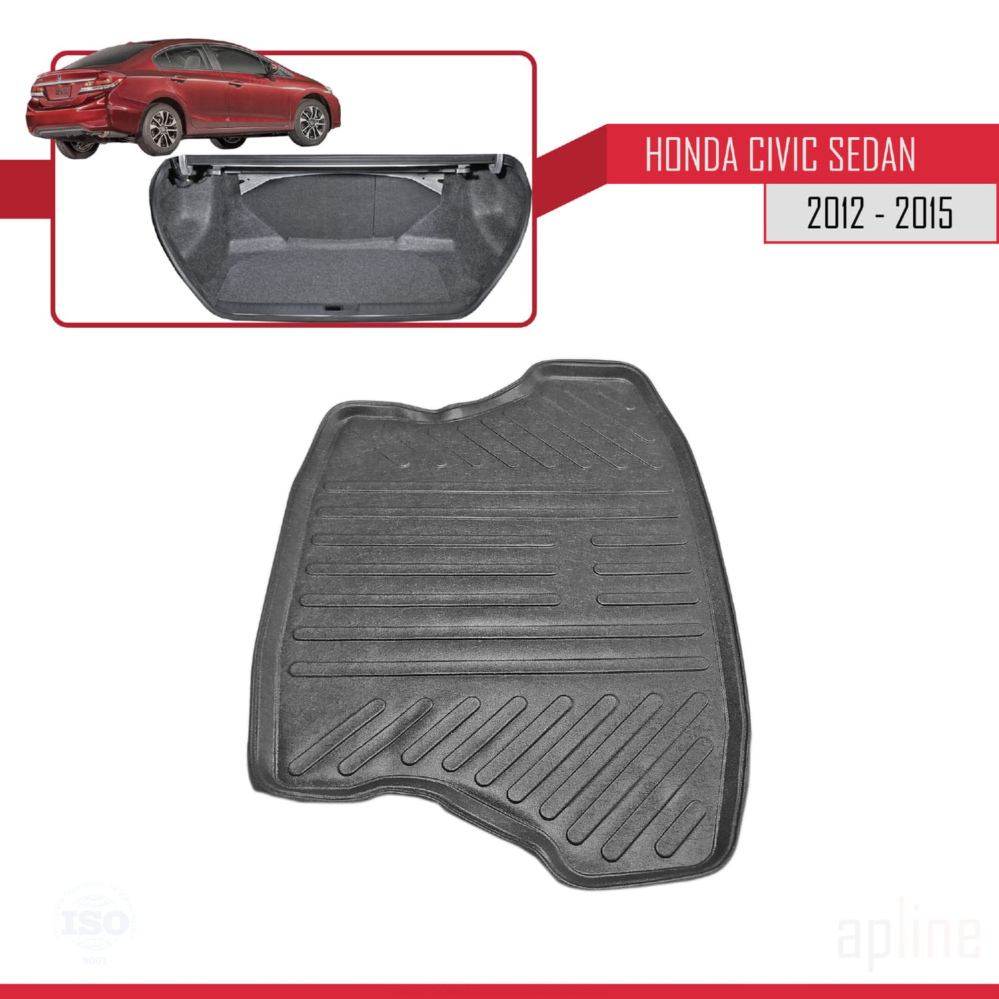 Compatible con Honda Civic 9 (FB) Berlina 2012-2015 Flexible Tronco Alfombra De Carga Piso de Carga Bandeja Maletero Trasero Negro
