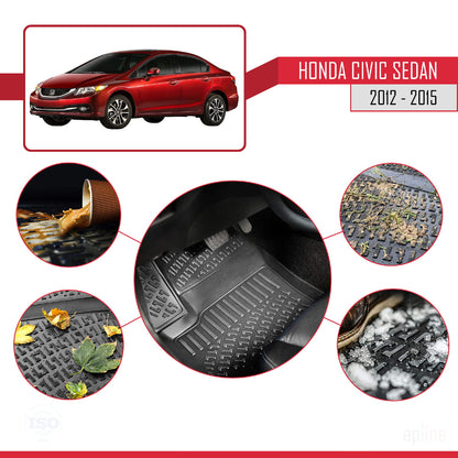 Compatible avec Honda Civic 9 (FB) Berline 2012-2015 4D Tapis de Voiture Noir