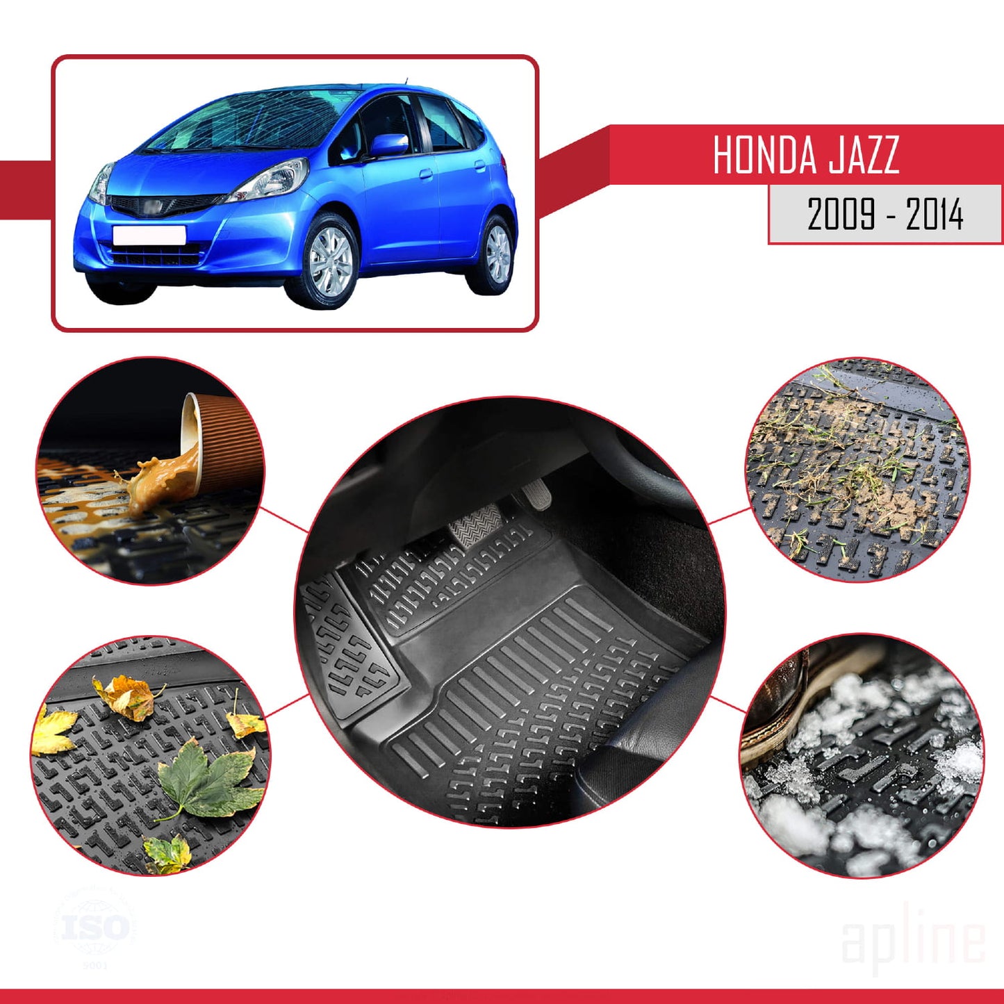 Compatible avec Honda Jazz 2 (GE) 2009-2014 4D Tapis de Voiture Noir