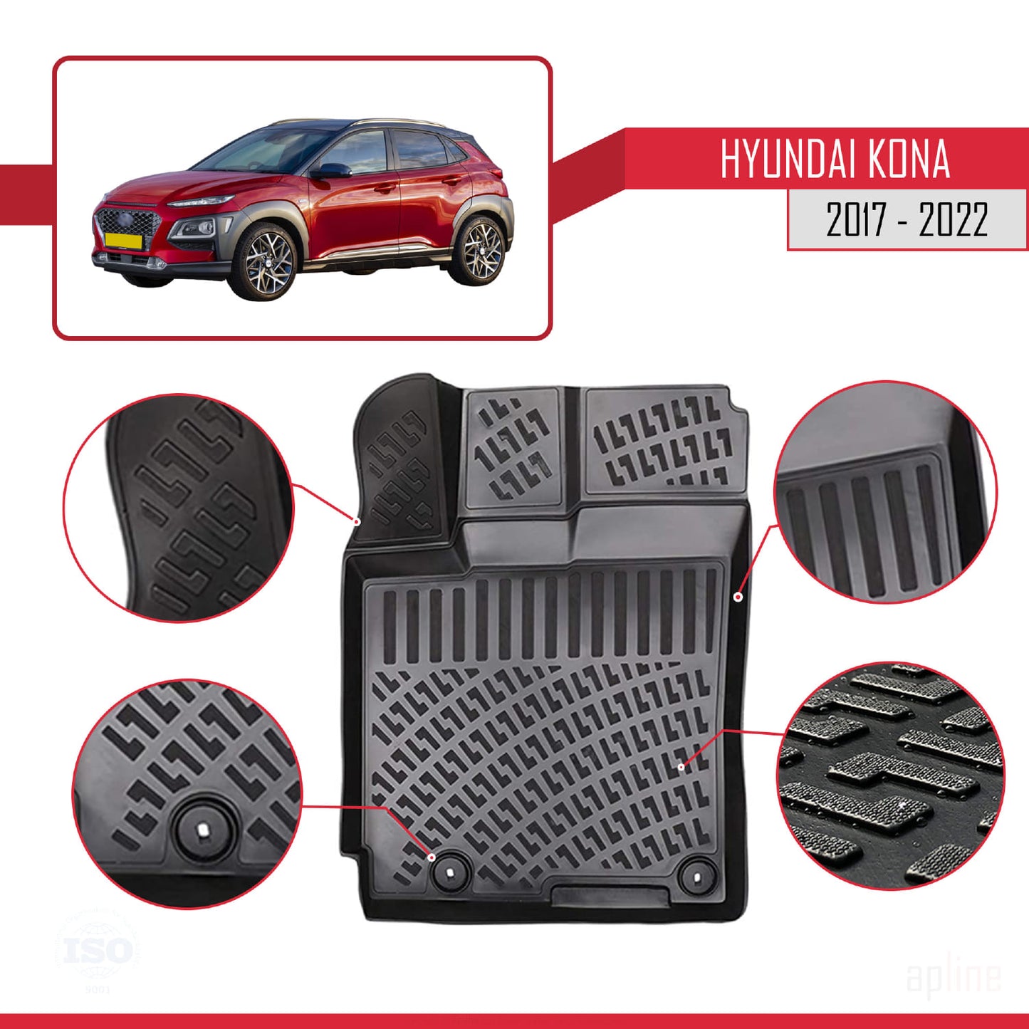 Compatible avec Hyundai Kona (OS) 2017-2022 4D Tapis de Voiture Noir