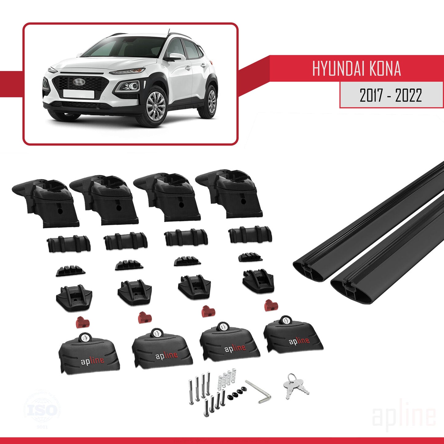 Compatible with Hyundai Kona (OS) 2017-2022 ACE-2 Car Roof Rack Cross Bar Black Aluminium 2 Bars