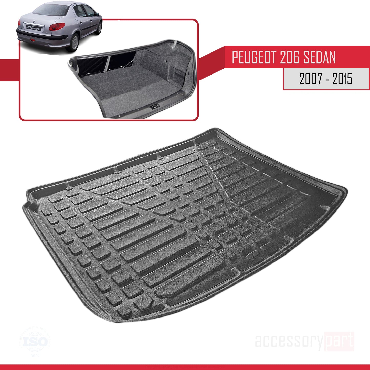 Compatible avec Peugeot 206 (T13) Berline 2007-2015 Flexible Tapis de Coffre Plancher de Chargement Noir
