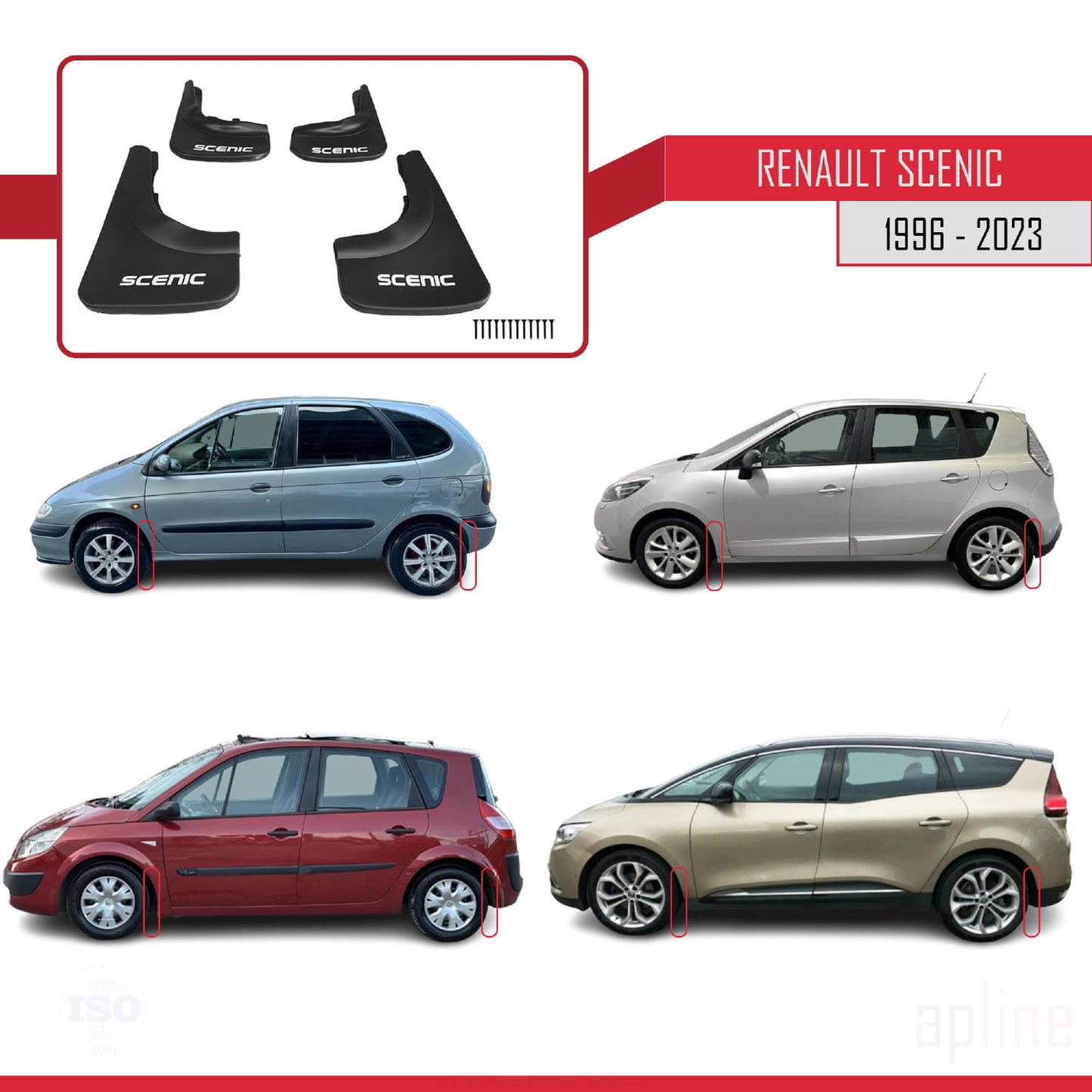 Compatible avec Renault Scenic 1996-2023 Jeu de Bavettes Garde-boue Avant et Arrière de Voiture 4 Pcs Noir