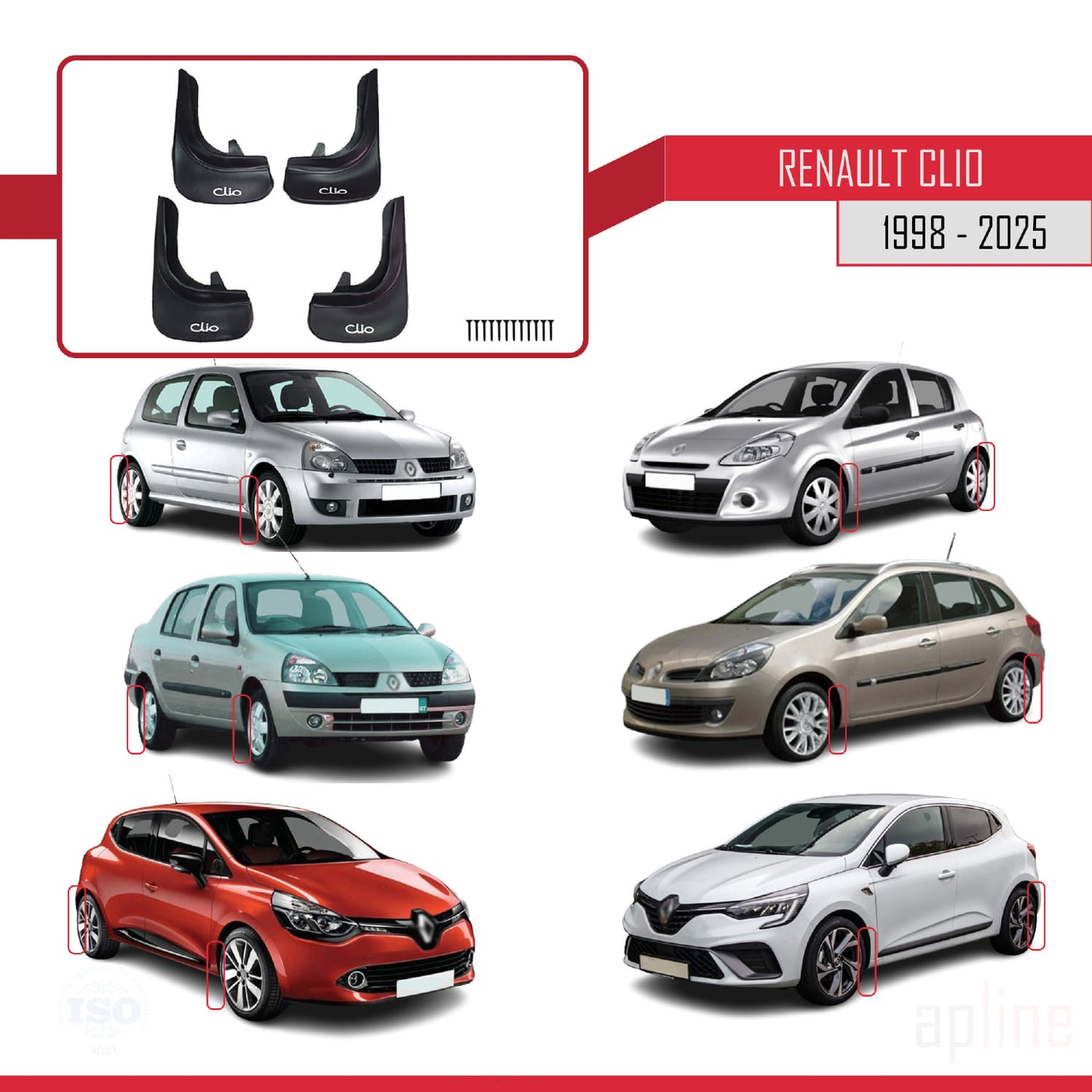 Compatible avec Renault Clio 1998-2025 Jeu de Bavettes Garde-boue Avant et Arrière de Voiture 4 Pcs Noir