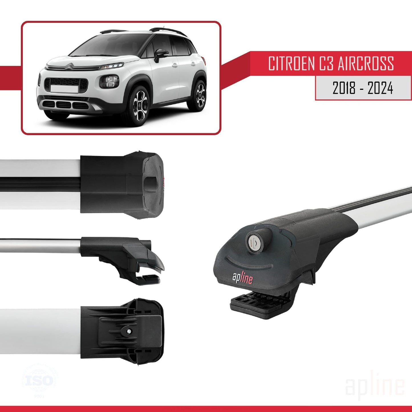 Compatible with Citroen C3 Aircross (A88) 2018-2024 ACE-1 Car Roof Rack Cross Bar Grey Aluminium 3 Bars