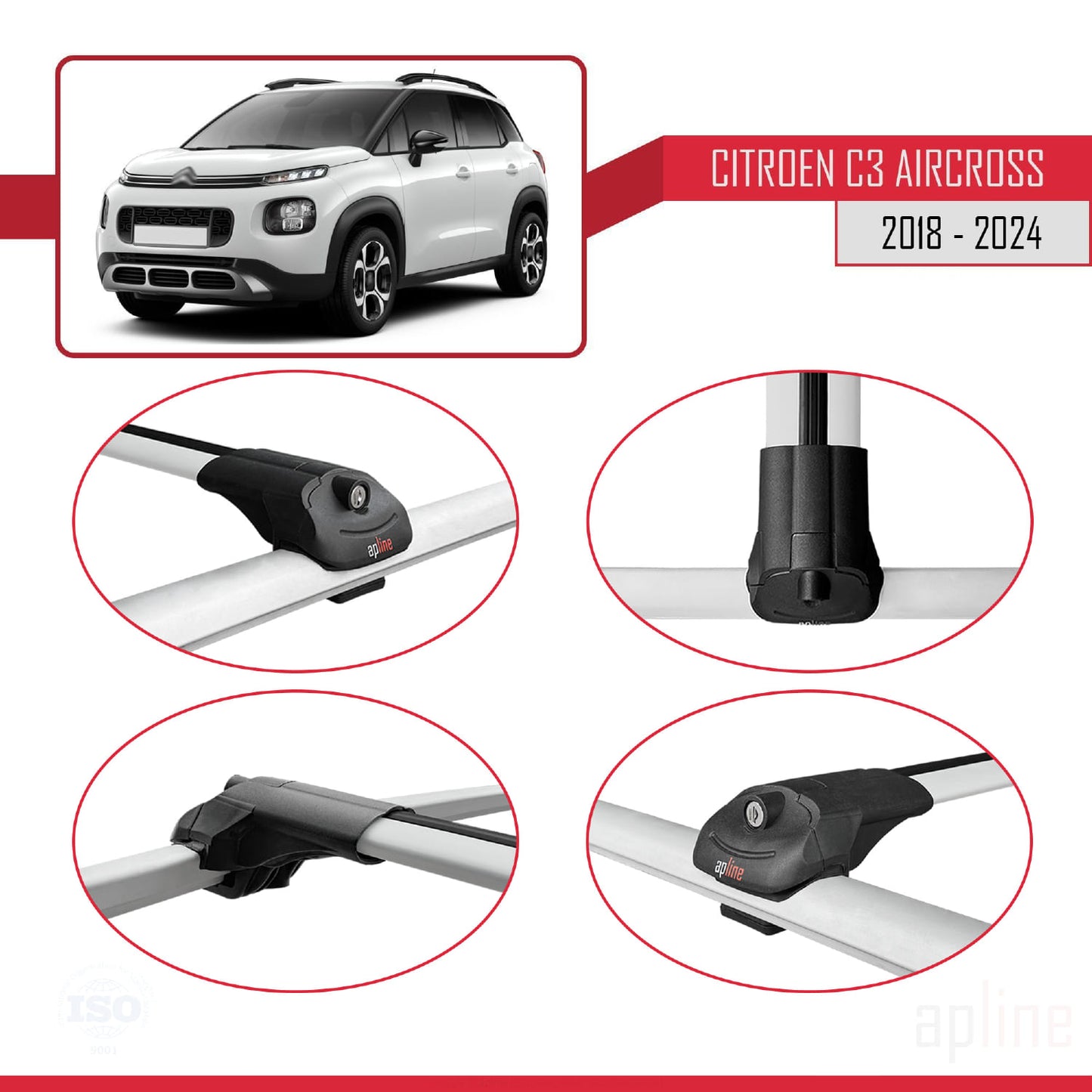 Compatible with Citroen C3 Aircross (A88) 2018-2024 ACE-1 Car Roof Rack Cross Bar Grey Aluminium 3 Bars