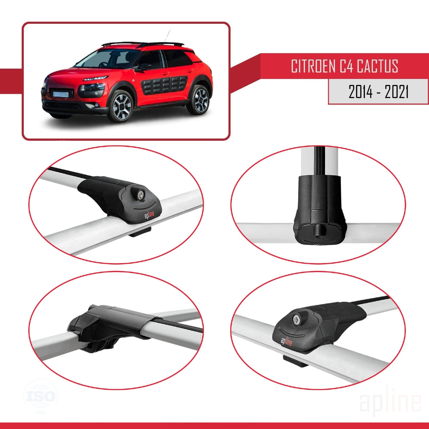 Compatible with Citroen C4 Cactus 2014-2021 ACE-1 Car Roof Rack Cross Bar Grey Aluminium 2 Bars