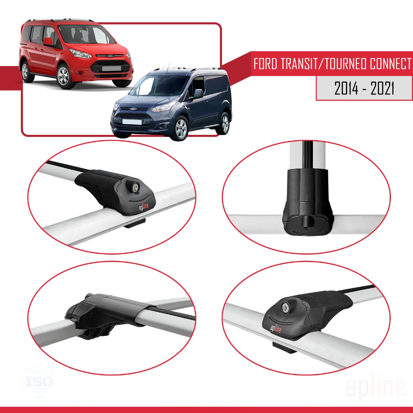 Compatible with Ford Transit/Tourneo Connect 2 2014-2021 ACE-1 Car Roof Rack Cross Bar Grey Aluminium 3 Bars