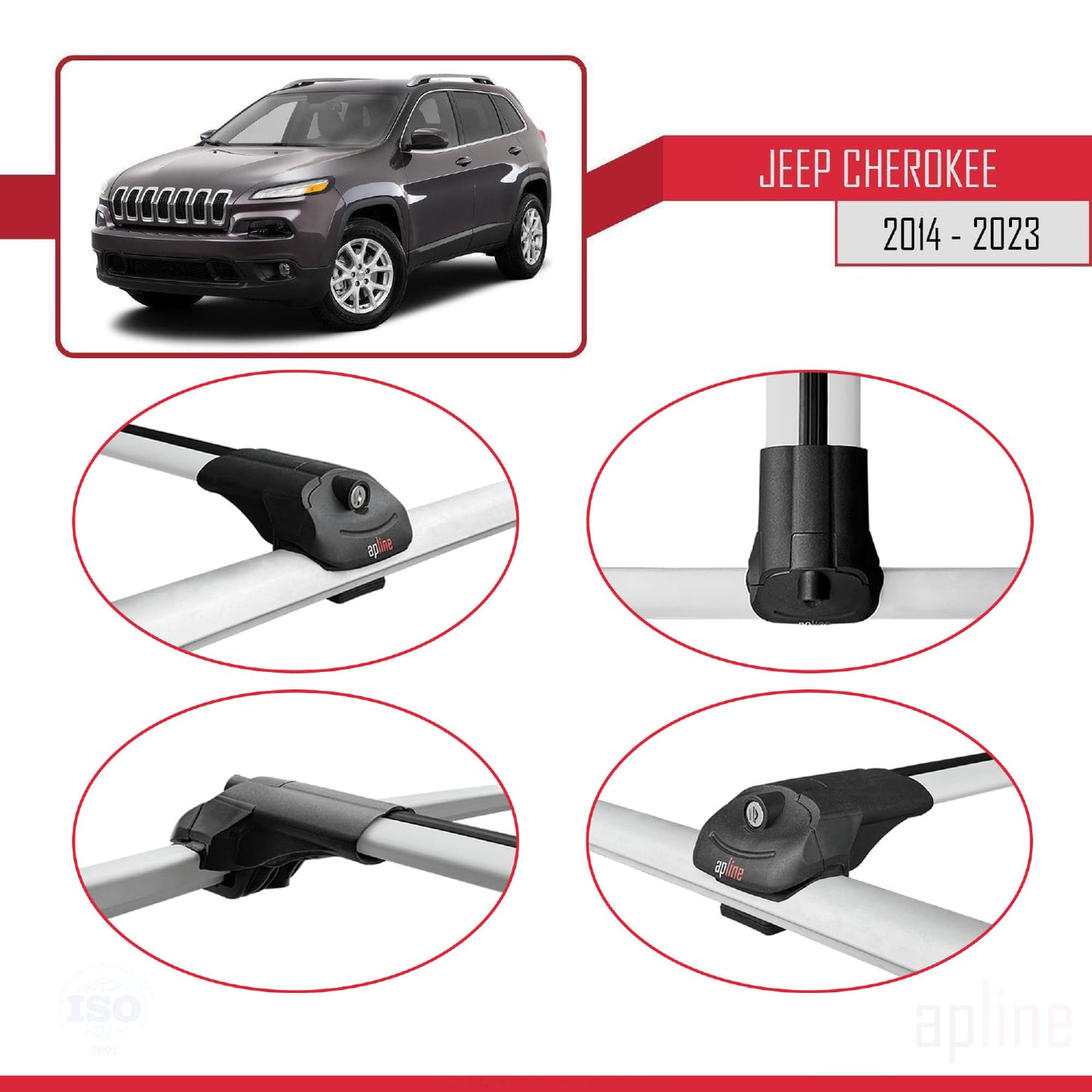 Compatible with Jeep Cherokee 5 (KL) 2014-2023 ACE-1 Car Roof Rack Cross Bar Grey Aluminium 2 Bars