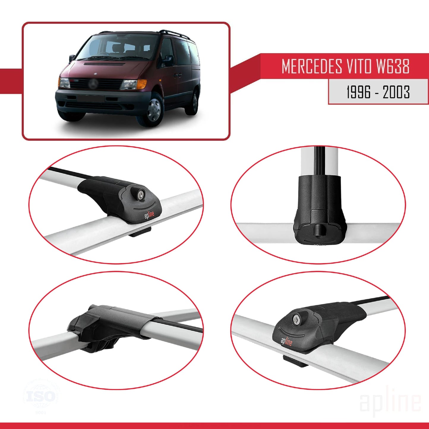 Compatible con Mercedes Vito (W638) 1996-2003 ACE-1 Barras de Techo Auto Portaequipajes Barras Transversales Gris Aluminio 4 Barras