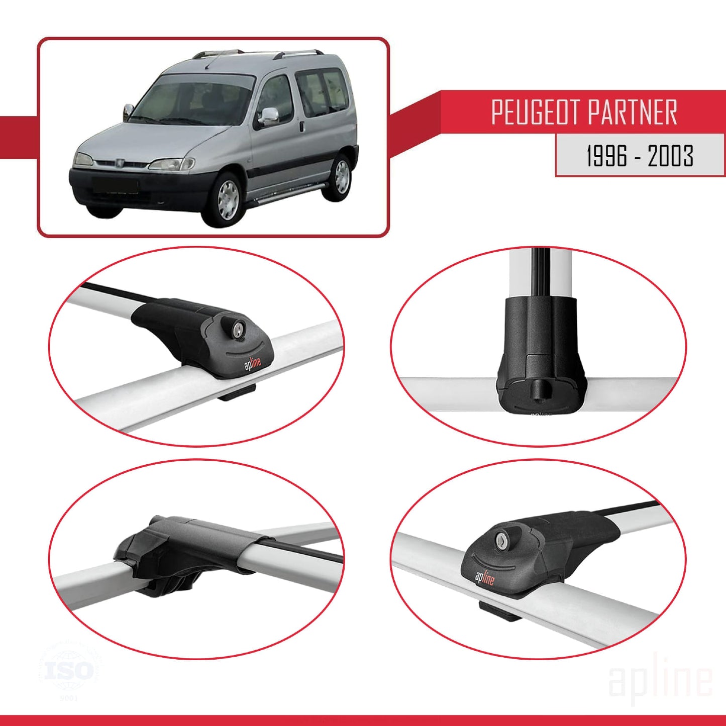 Compatible avec Peugeot Partner Pre-Facelift 1996-2003 ACE-1 Barres de Toit Railing Porte-Bagages de Voiture Gris Aluminium 4 Barres