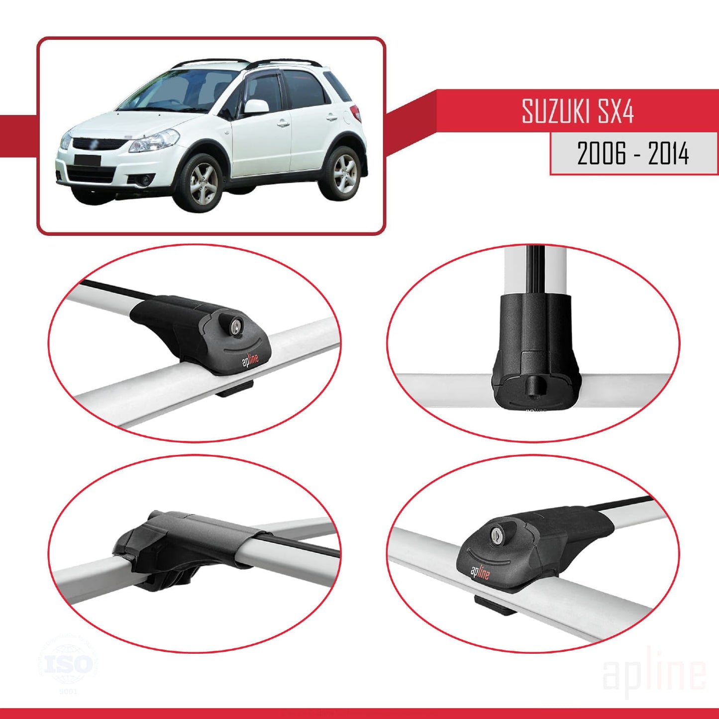 Compatible avec Suzuki SX4 II (JY) 2006-2014 ACE-1 Barres de Toit Railing Porte-Bagages de Voiture Gris Aluminium 3 Barres