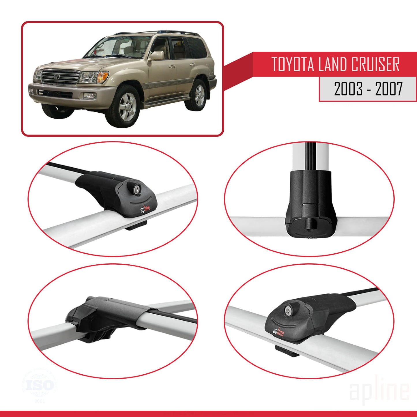 Compatible avec Toyota Land Cruiser (J100) 2003-2007 ACE-1 Barres de Toit Railing Porte-Bagages de Voiture Gris Aluminium 3 Barres