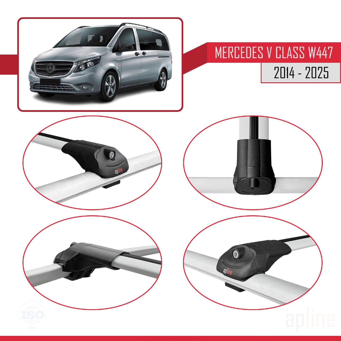 Compatible avec Mercedes Classe V 3 (W447) 2014-2025 ACE-1 Barres de Toit Railing Porte-Bagages de Voiture Gris Aluminium 3 Barres