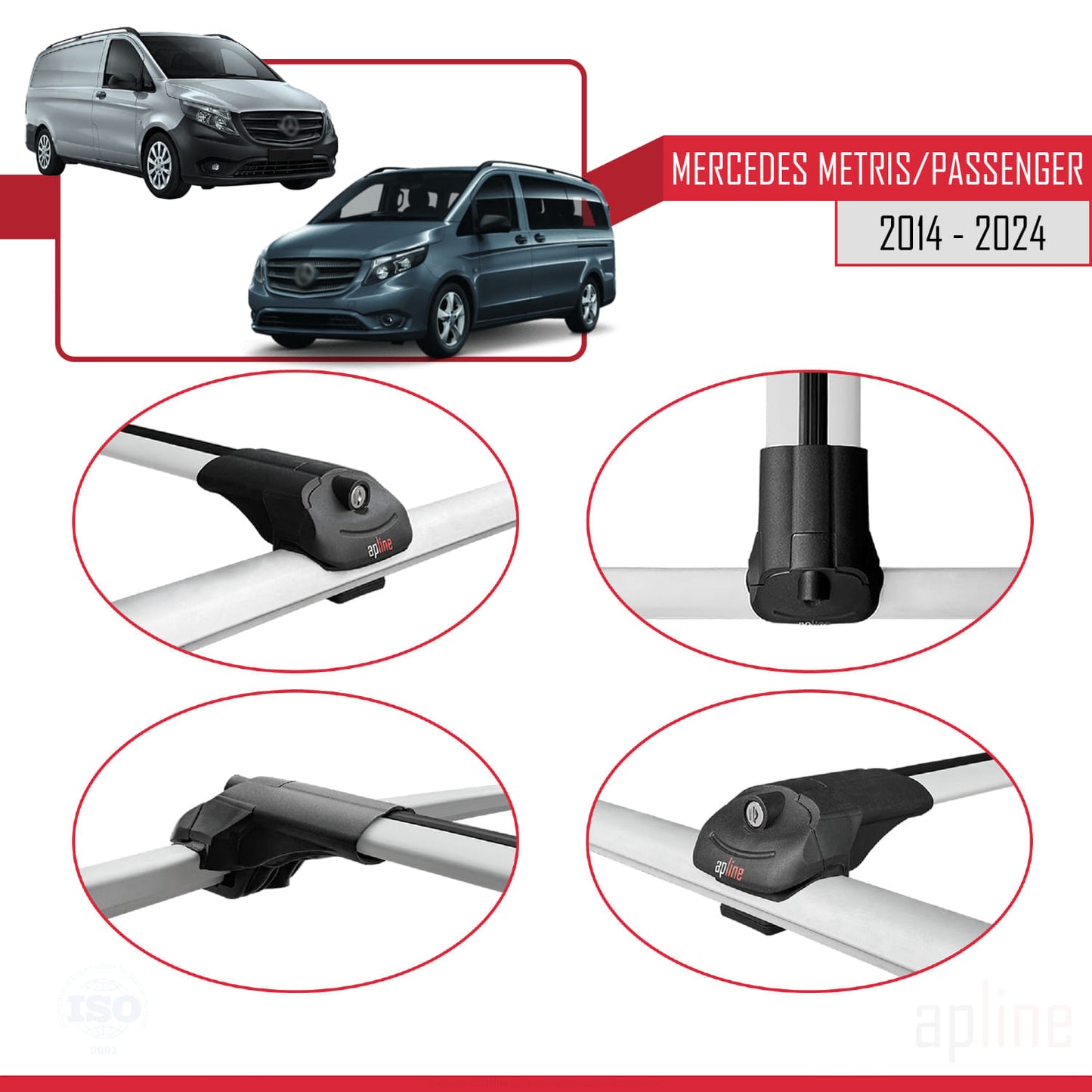 Compatible with Mercedes Metris (W447) 2014-2025 ACE-1 Car Roof Rack Cross Bar Grey Aluminium 4 Bars