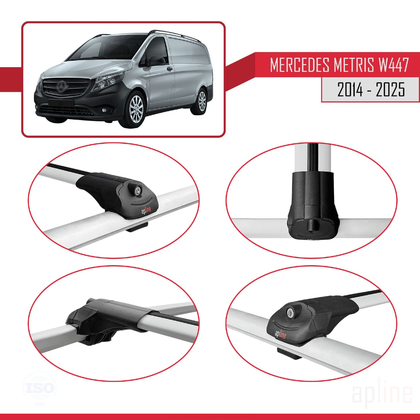 Compatible avec Mercedes Metris (W447) 2014-2025 ACE-1 Barres de Toit Railing Porte-Bagages de Voiture Gris Aluminium 2 Barres