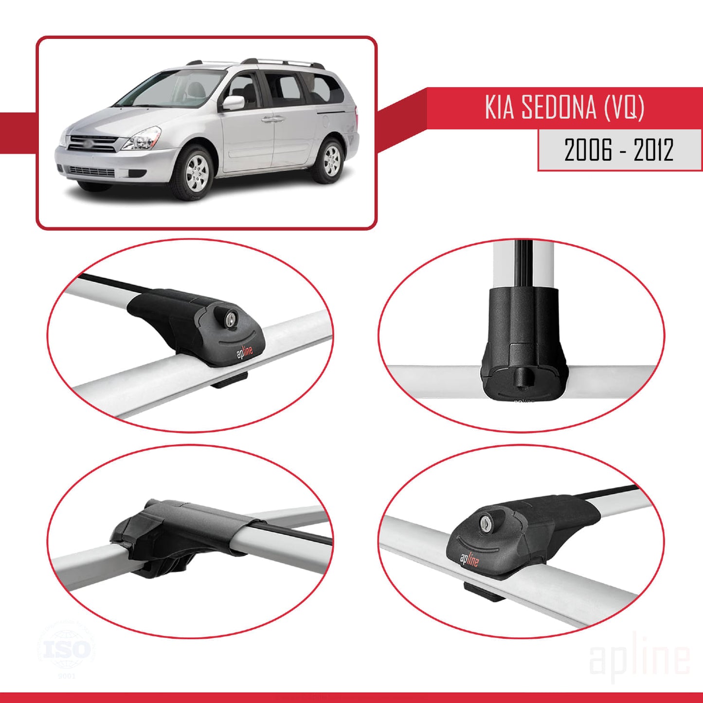 Compatible avec Kia Sedona 2 (VQ) 2006-2012 ACE-1 Barres de Toit Railing Porte-Bagages de Voiture Gris Aluminium 3 Barres