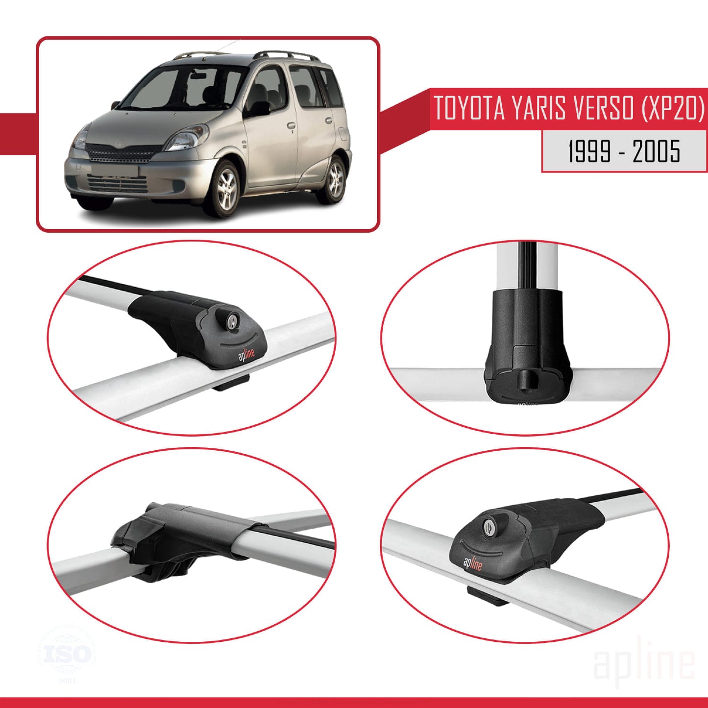 Compatible avec Toyota Yaris Verso (XP20) 1999-2005 ACE-1 Barres de Toit Railing Porte-Bagages de Voiture Gris Aluminium 2 Barres