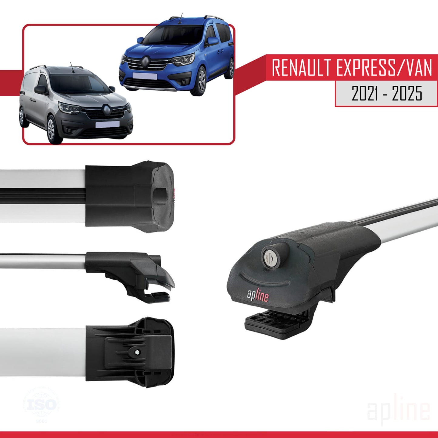 Compatible with Renault Express 2021-2025 ACE-1 Car Roof Rack Cross Bar Grey Aluminium 2 Bars