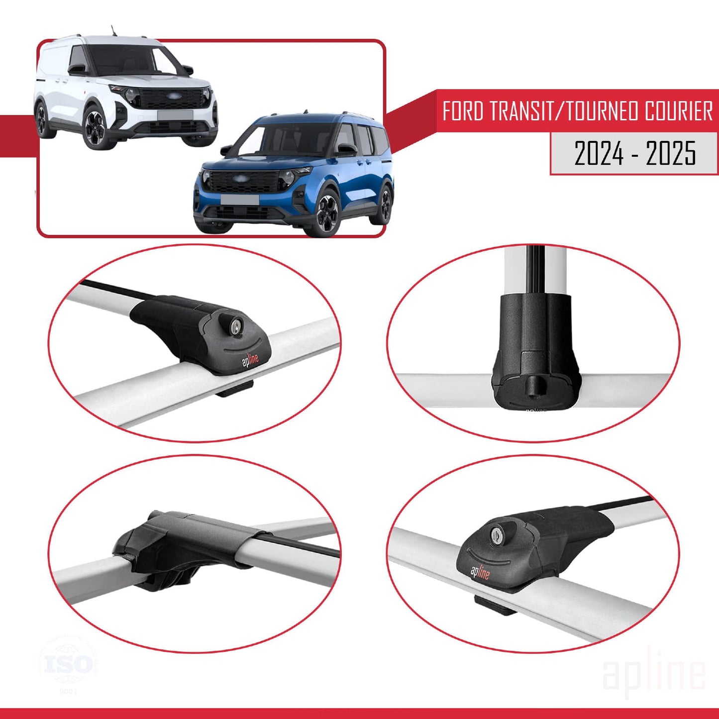 Compatible with Ford Transit / Tourneo Courier 2024-2025 ACE-1 Car Roof Rack Cross Bar Grey Aluminium 4 Bars