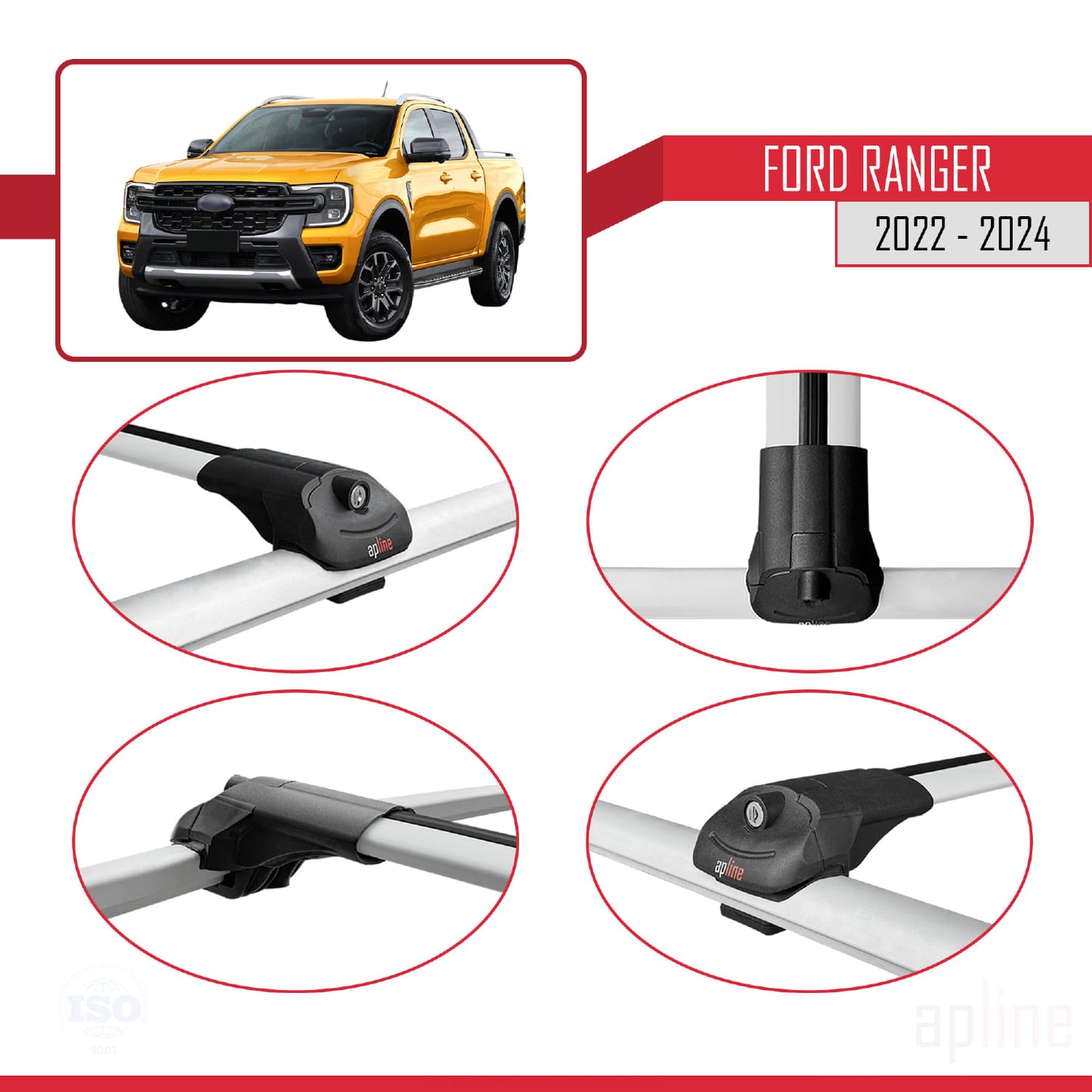 Compatible with Ford Ranger (P703) 2022-2024 ACE-1 Car Roof Rack Cross Bar Grey Aluminium 3 Bars