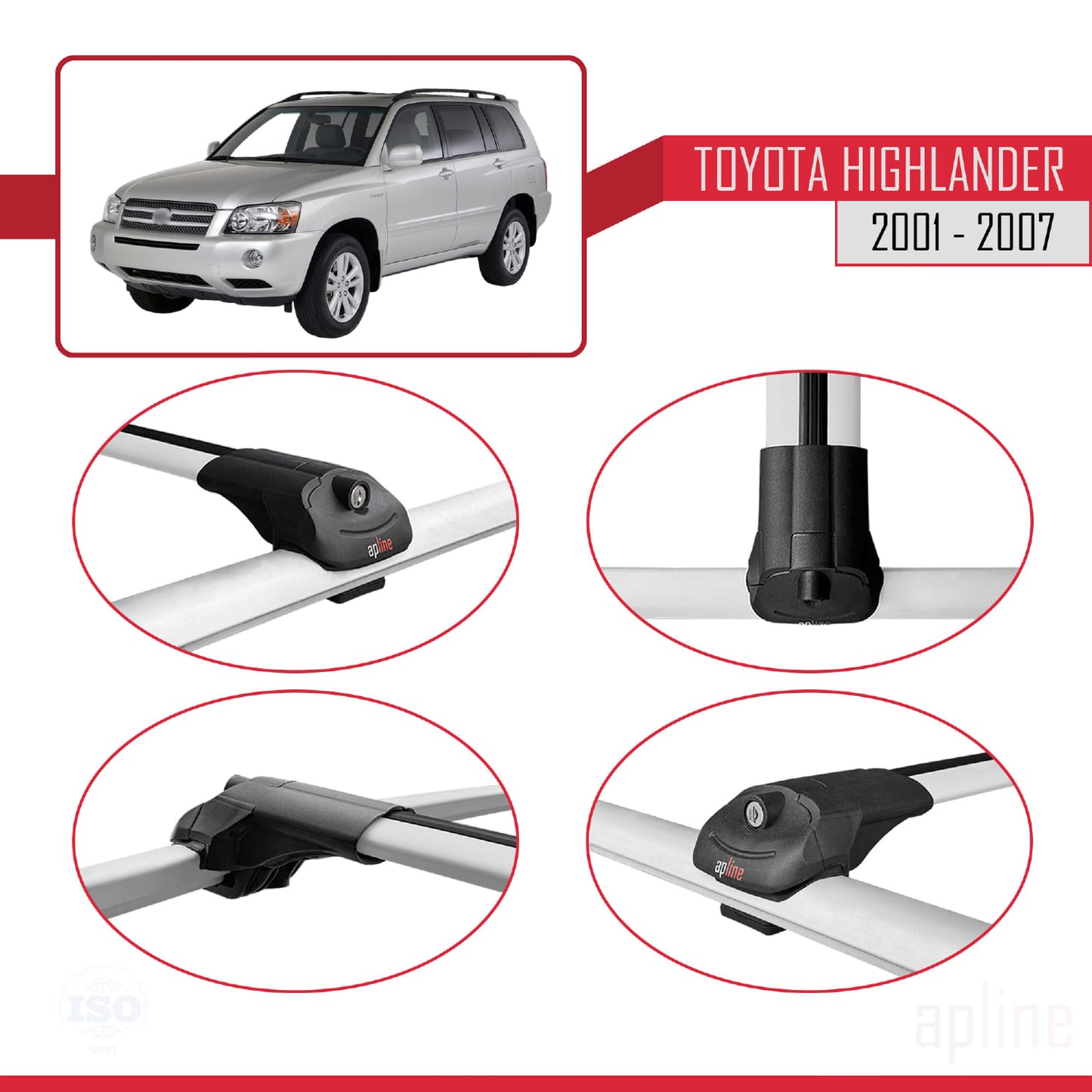 Compatible avec Toyota Highlander 2001-2007 ACE-1 Barres de Toit Railing Porte-Bagages de Voiture Gris Aluminium 4 Barres