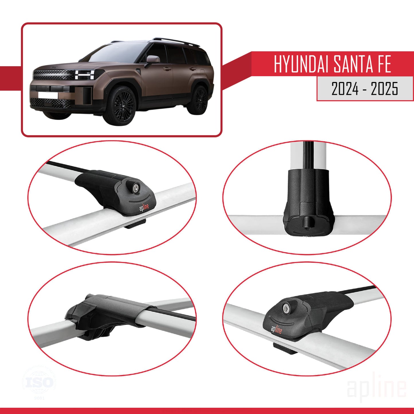 Compatible avec Hyundai Santa Fe 2024-2025 ACE-1 Barres de Toit Railing Porte-Bagages de Voiture Gris Aluminium 2 Barres