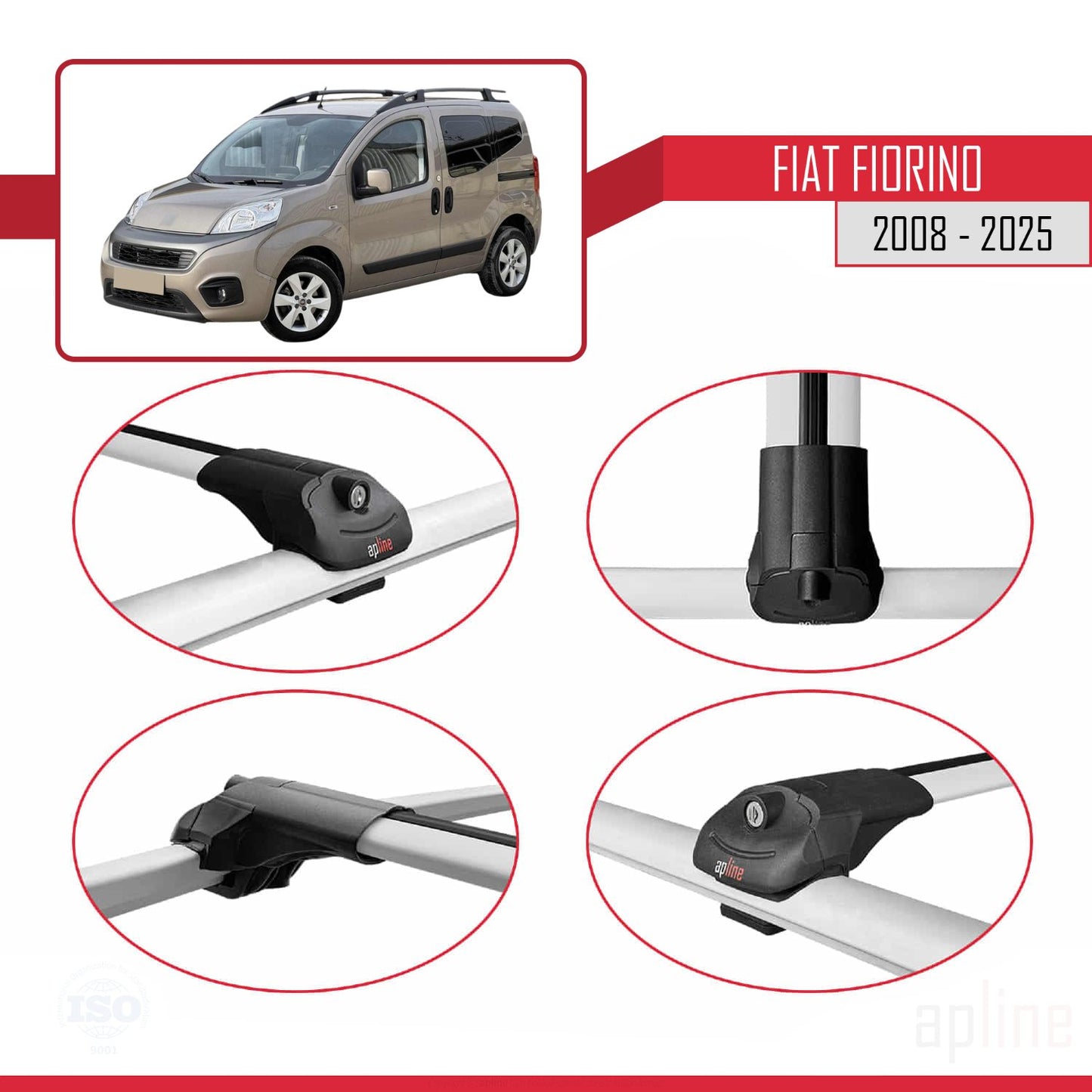 Compatibile con Fiat Fiorino (modello tubolare) 2008-2025 ACE-1 Barre portatutto per auto Portapacchi in alluminio grigio 4 barre