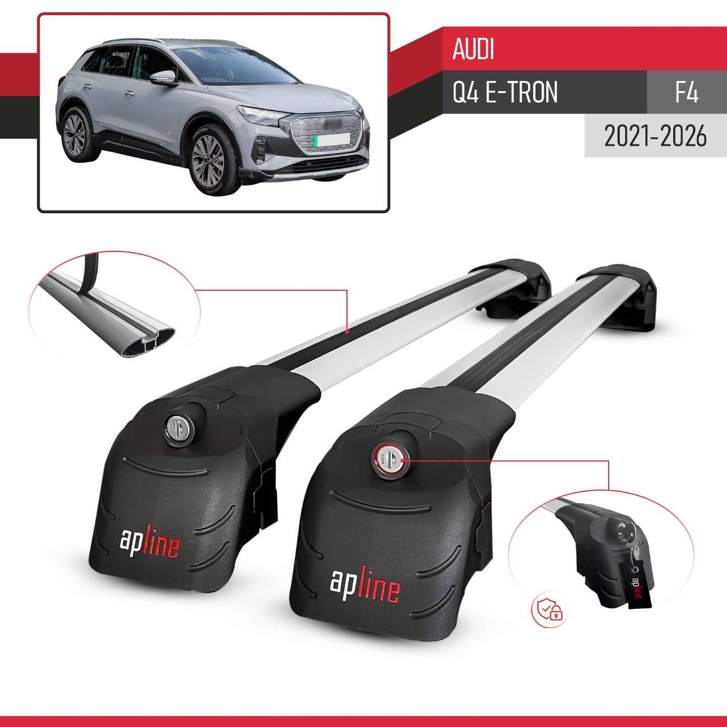 Compatible with Q4 (F4) E-Tron 2021-2025 ACE-2 Car Roof Rack Cross Bar Grey Aluminium 2 Bars