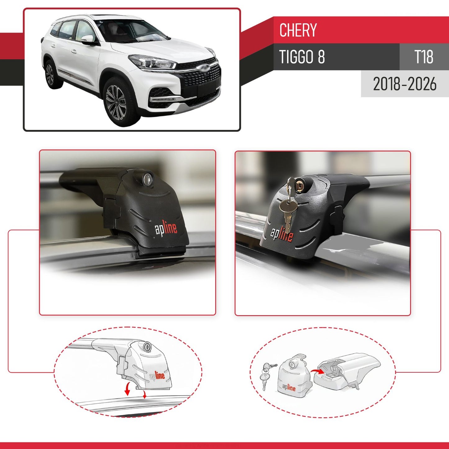 Compatible con Chery Tiggo 8 2018-2024 ACE-2 Barras de Techo Auto Portaequipajes Barras Transversales Gris Aluminio 2 Barras
