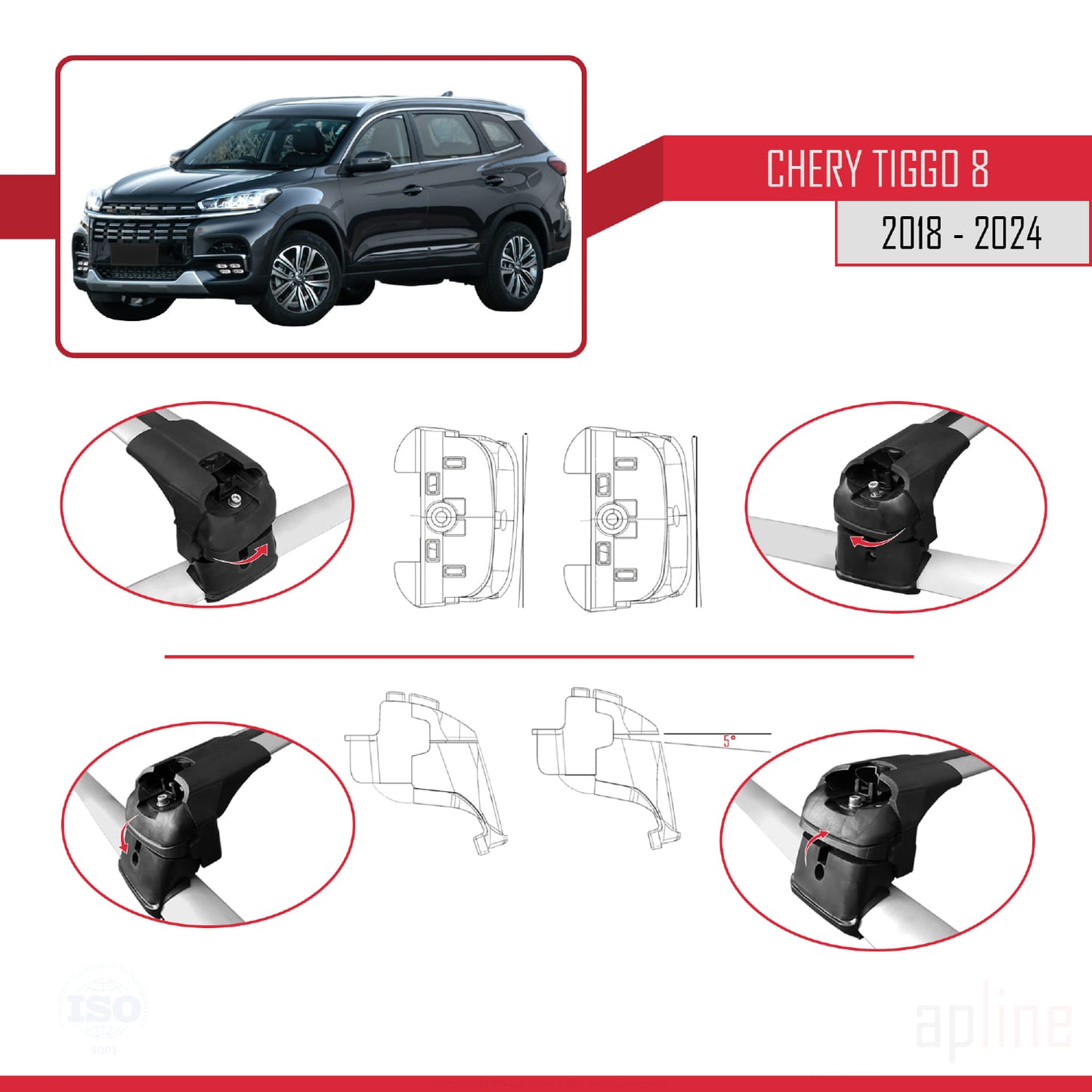 Compatibile con Chery Tiggo 8 2018-2024 ACE-2 Barre portatutto per auto Portapacchi in alluminio grigio 2 barre