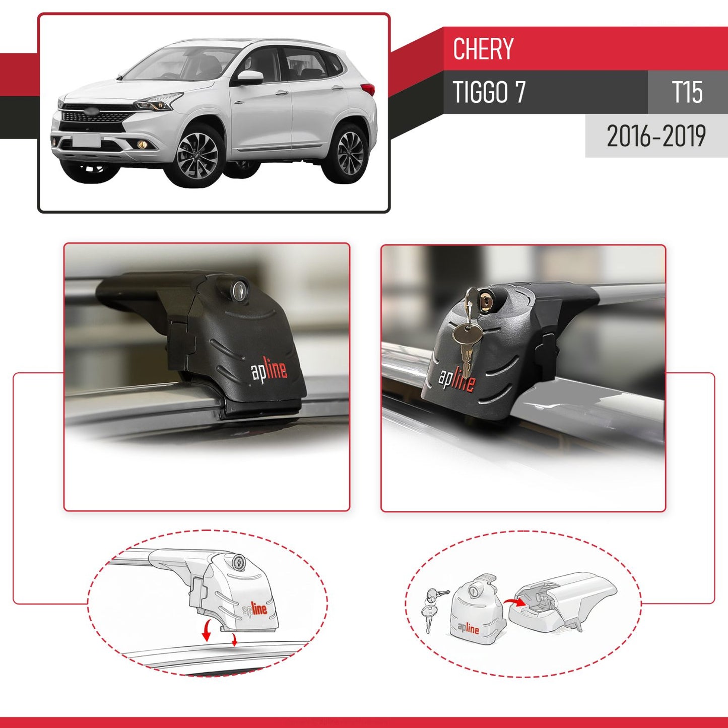 Compatible con Chery Tiggo 7 (T15) 2016-2019 ACE-2 Barras de Techo Auto Portaequipajes Barras Transversales Gris Aluminio 2 Barras