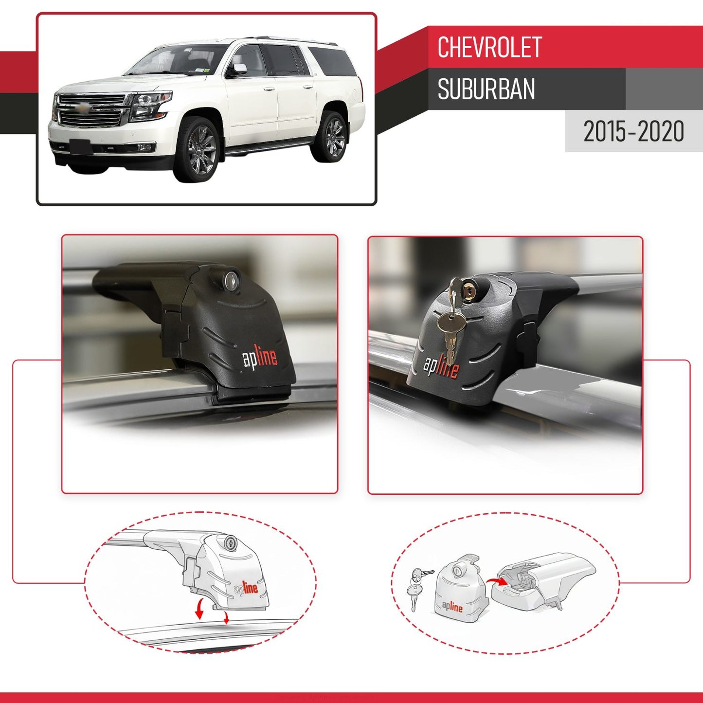 Compatible con Chevrolet Suburban 2015-2020 ACE-2 Barras de Techo Auto Portaequipajes Barras Transversales Gris Aluminio 2 Barras
