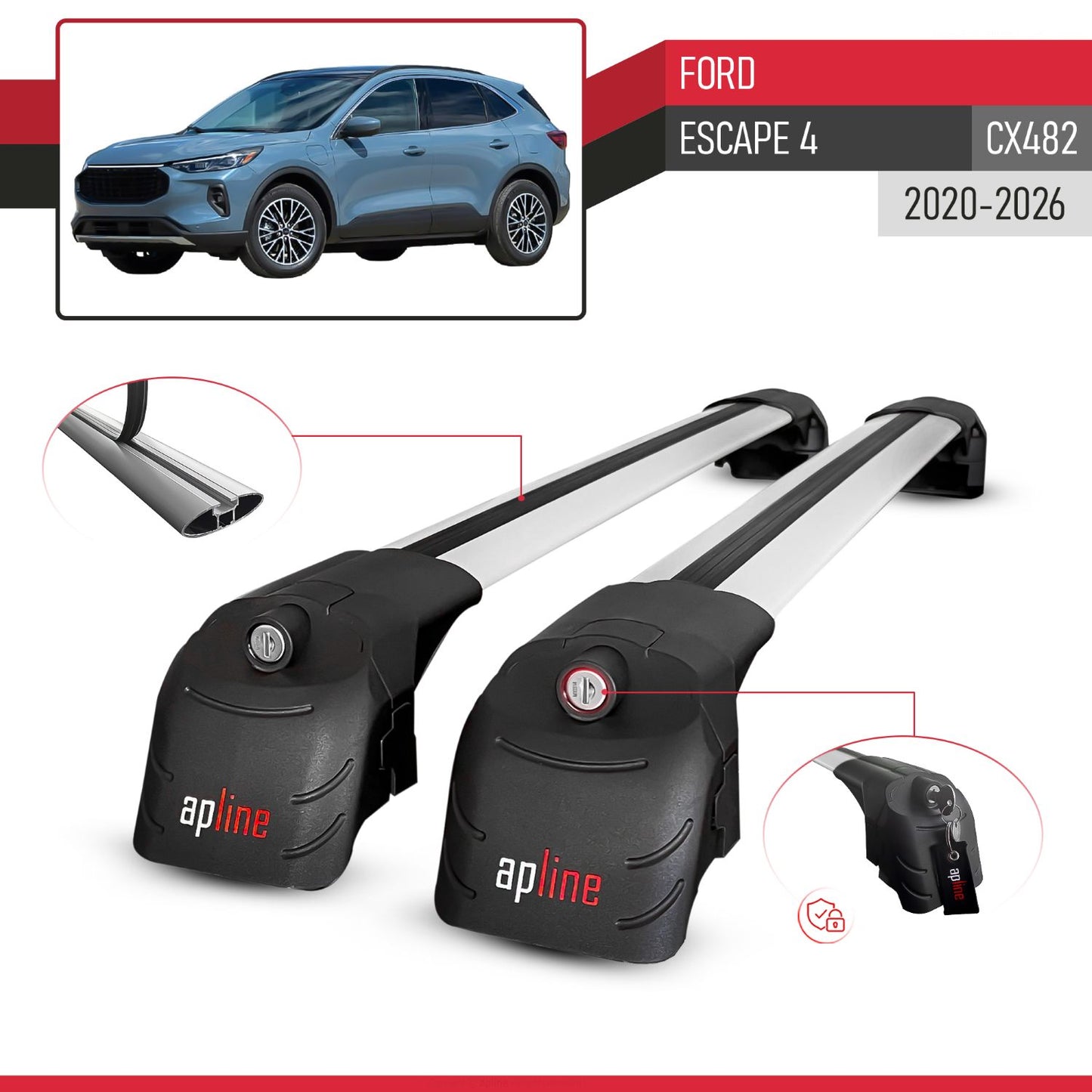 Compatible con Ford Escape 4 (CX482) 2020-2025 ACE-2 Barras de Techo Auto Portaequipajes Barras Transversales Gris Aluminio 2 Barras