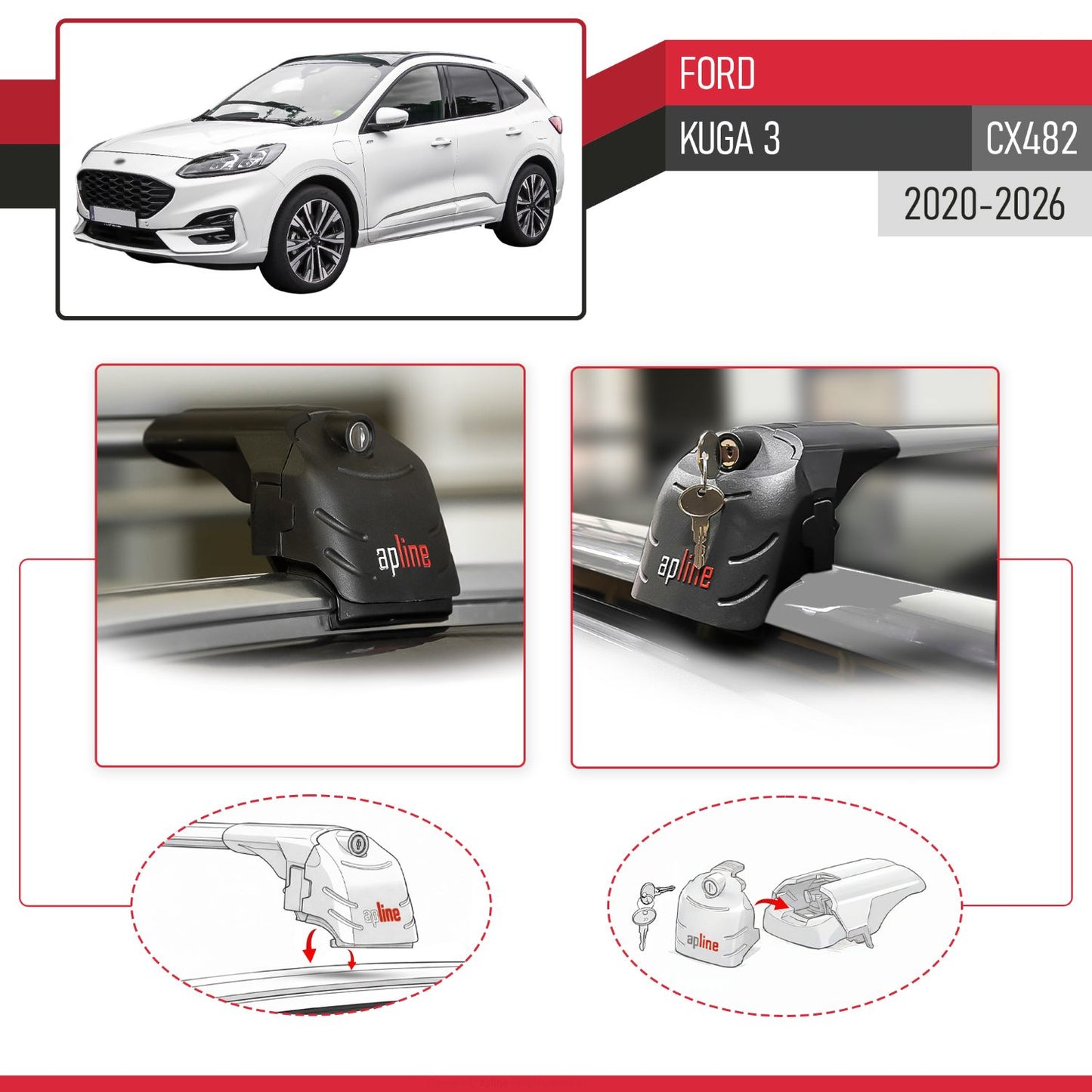Compatible con Ford Kuga 3 (CX482) 2020-2025 ACE-2 Barras de Techo Auto Portaequipajes Barras Transversales Gris Aluminio 2 Barras