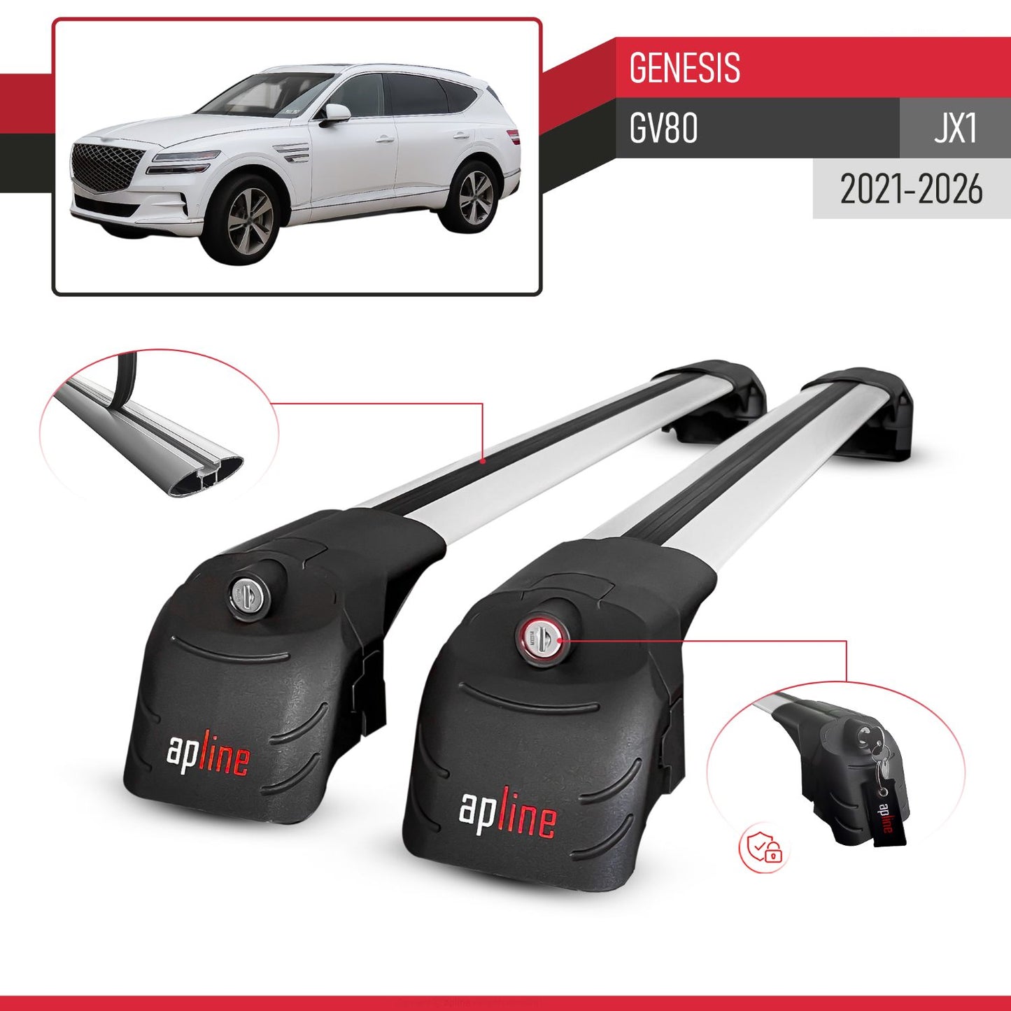 Compatible con Genesis GV80 (JX1) 2021-2025 ACE-2 Barras de Techo Auto Portaequipajes Barras Transversales Gris Aluminio 2 Barras